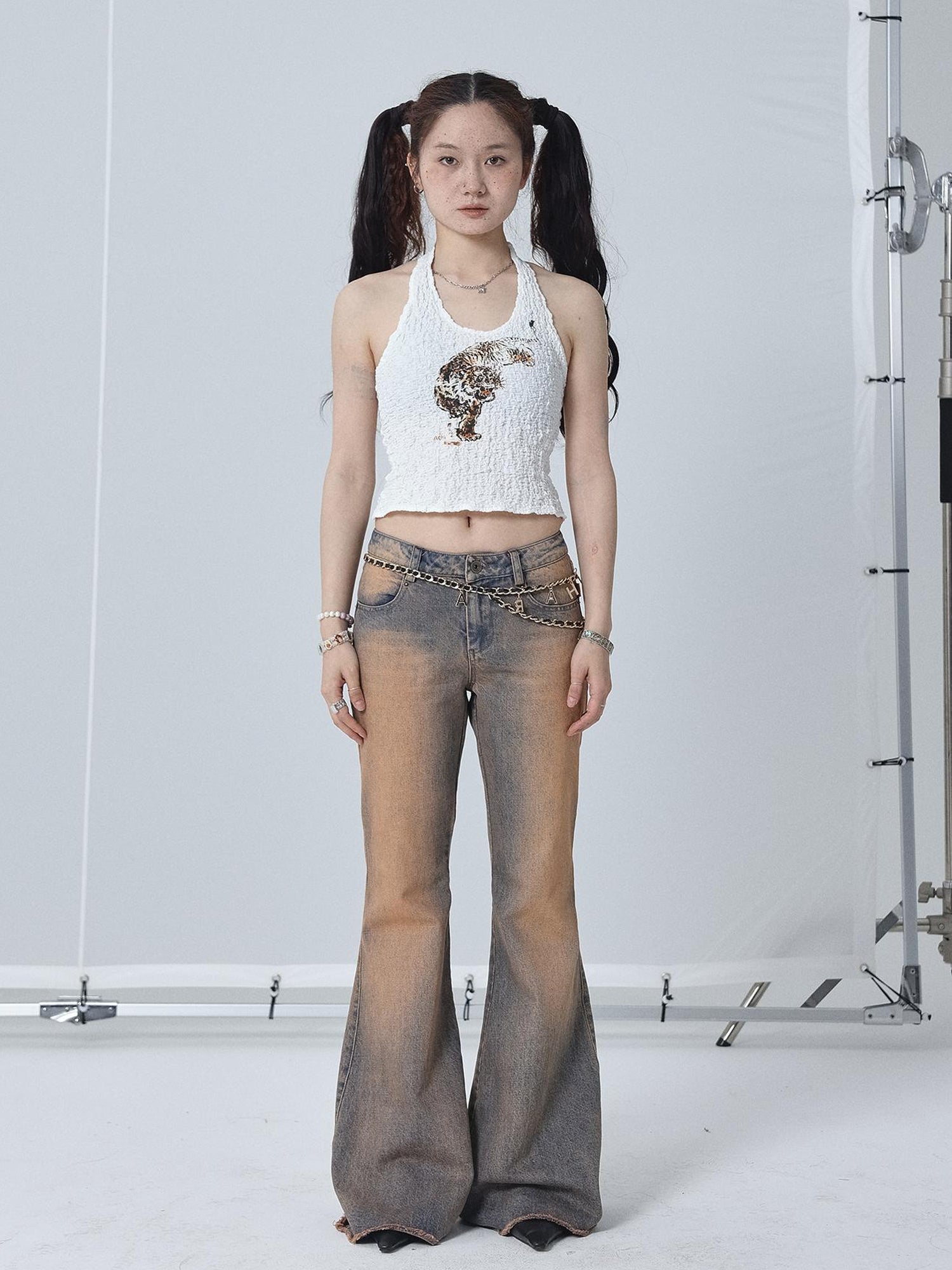 Achihara Vintage Distressed Flare Jeans For Women