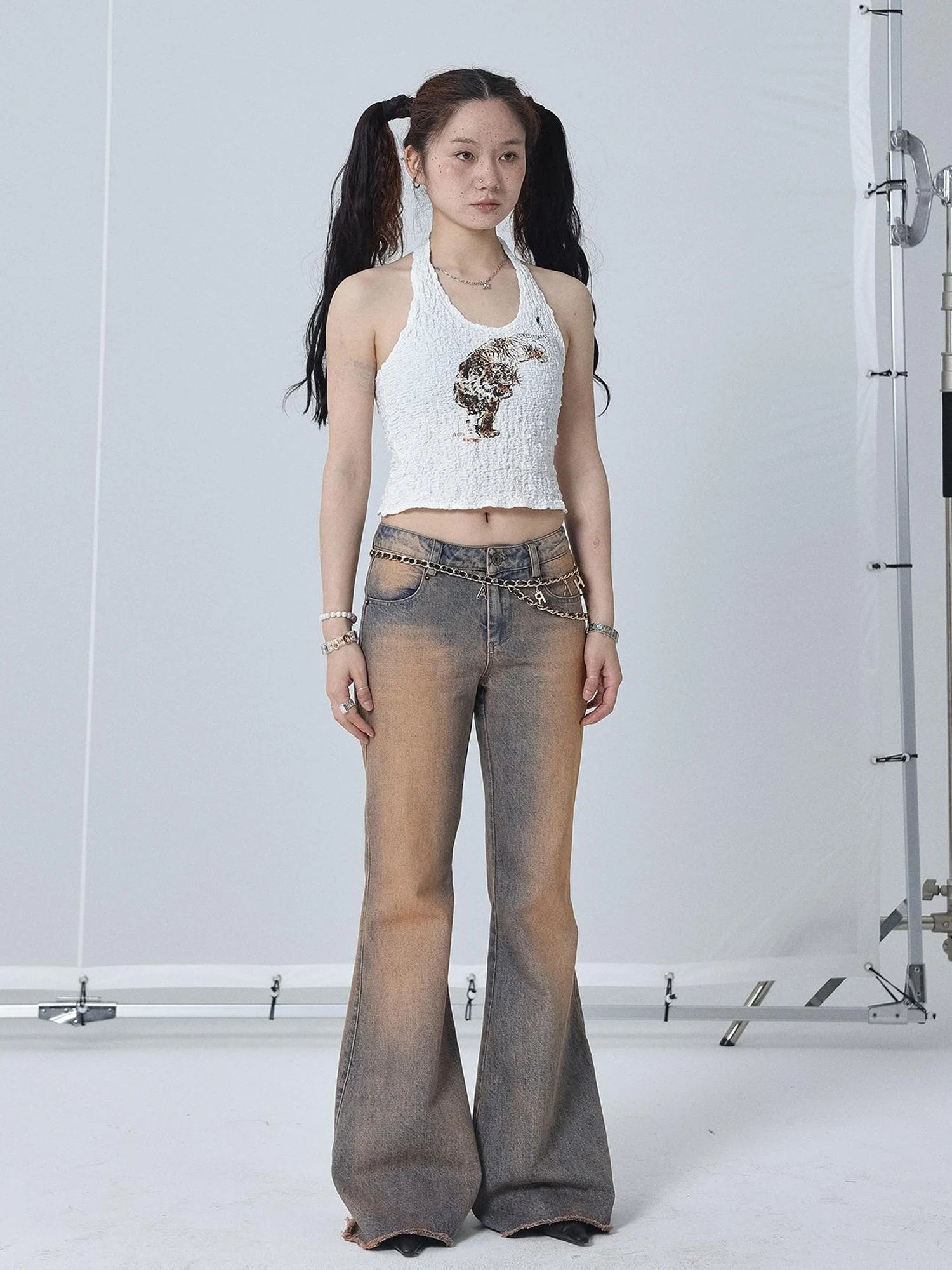 Vintage Distressed Flare Jeans For Women