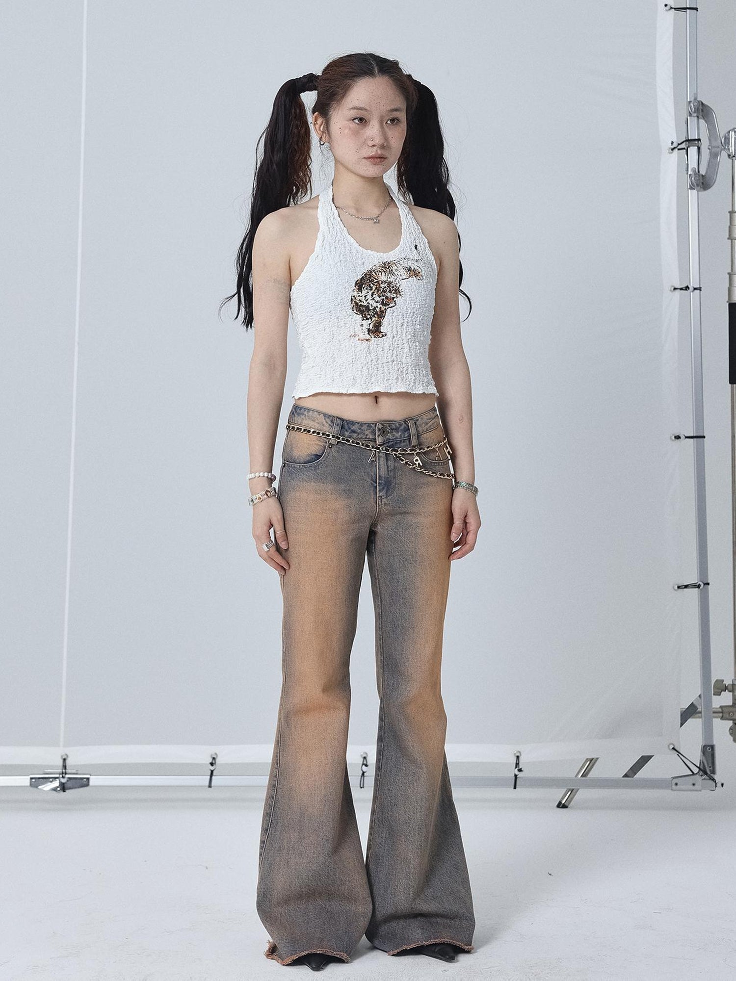 Achihara Vintage Distressed Flare Jeans For Women