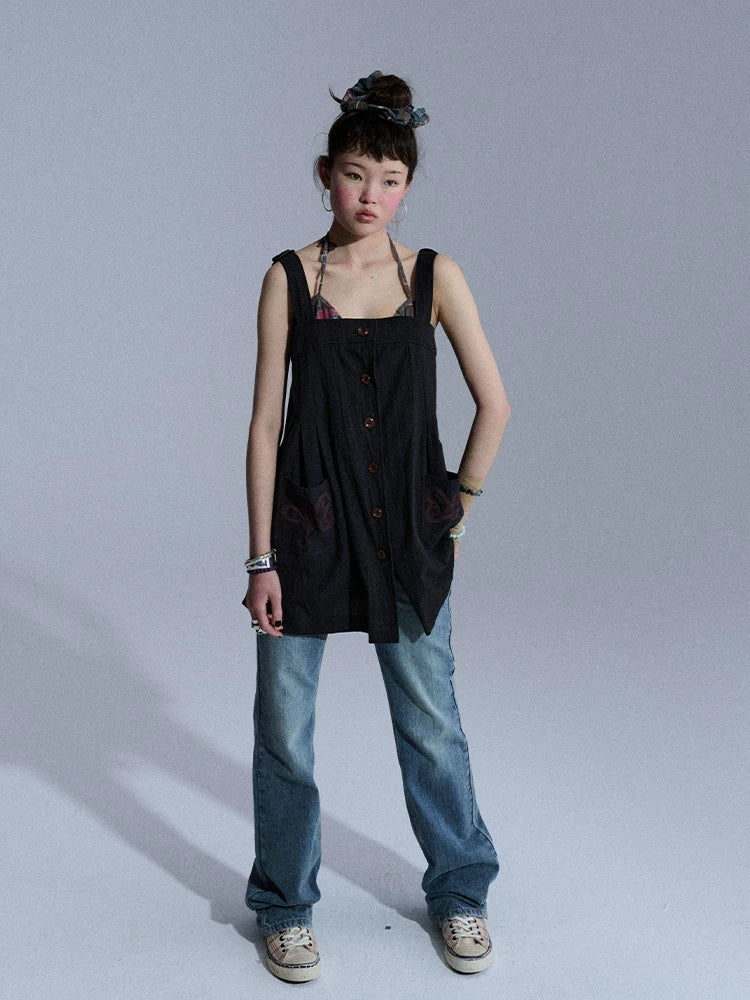 Achihara Vintage Embroidered Pocket Pinafore Women&