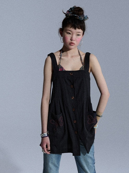 Achihara Vintage Embroidered Pocket Pinafore Women&