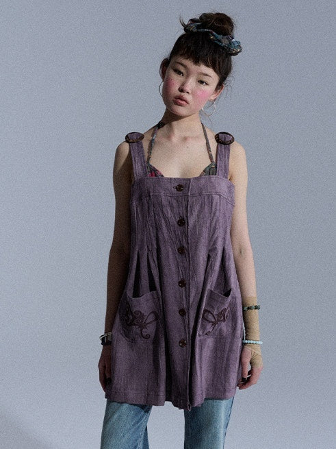 Achihara Vintage Embroidered Pocket Pinafore Women&