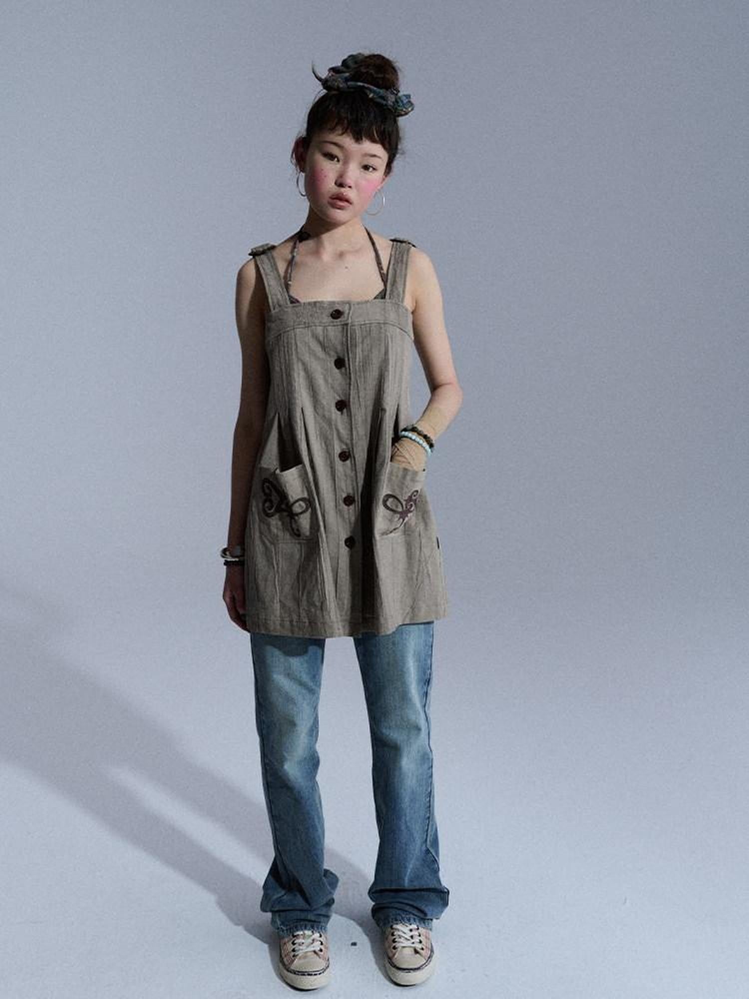 Achihara Vintage Embroidered Pocket Pinafore Women&