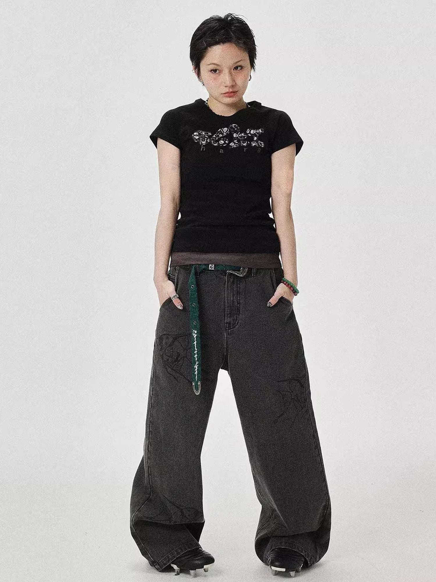 Vintage Grey Denim Trousers With Celestial Fish Print