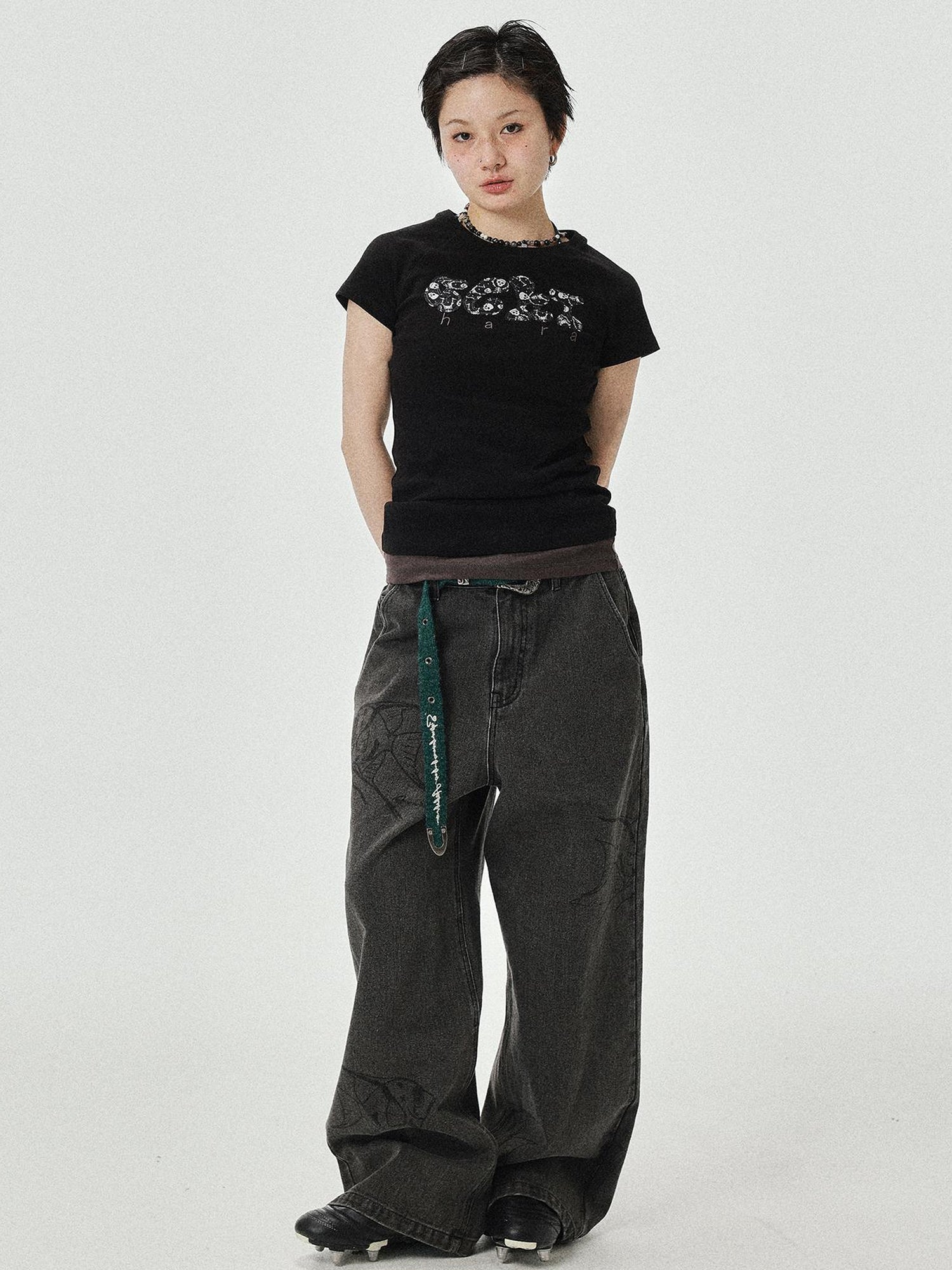 Achihara Vintage Grey Denim Trousers With Celestial Fish Print