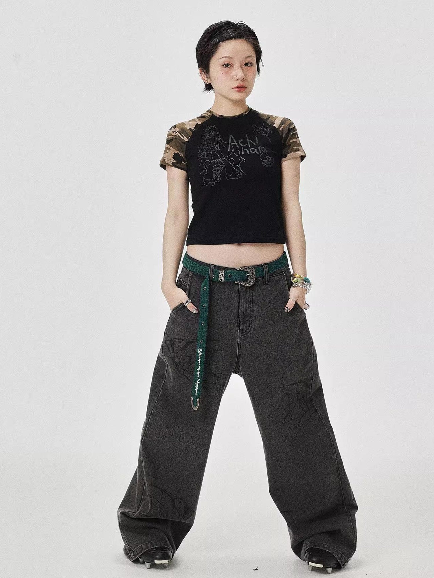 Achihara Vintage Grey Denim Trousers With Celestial Fish Print