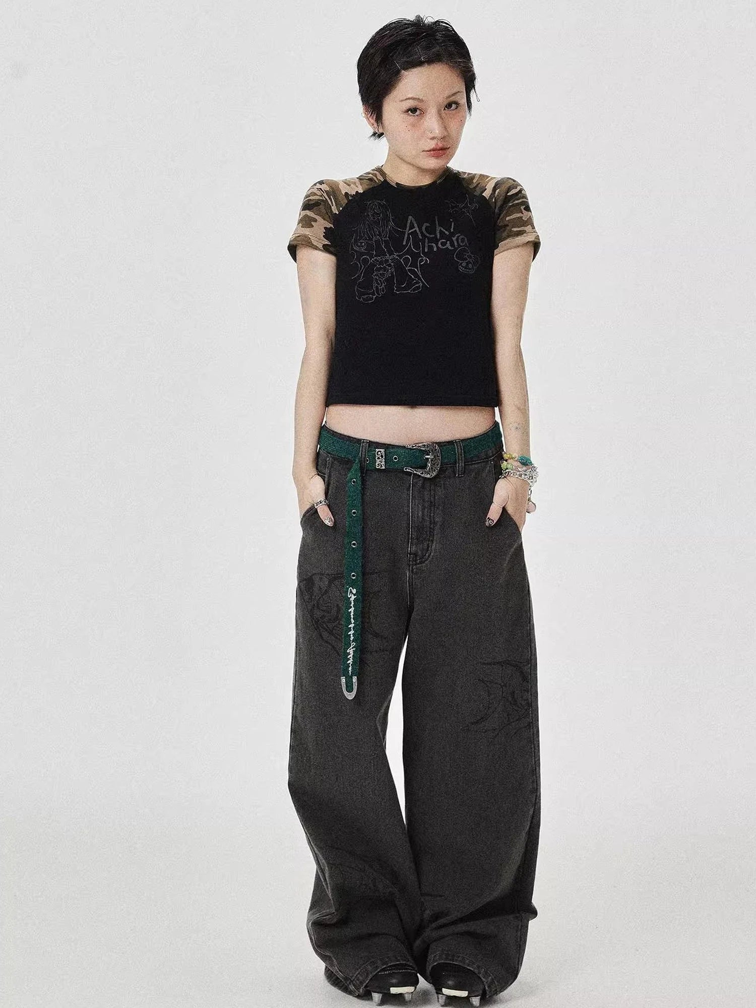 Vintage Grey Denim Trousers With Celestial Fish Print