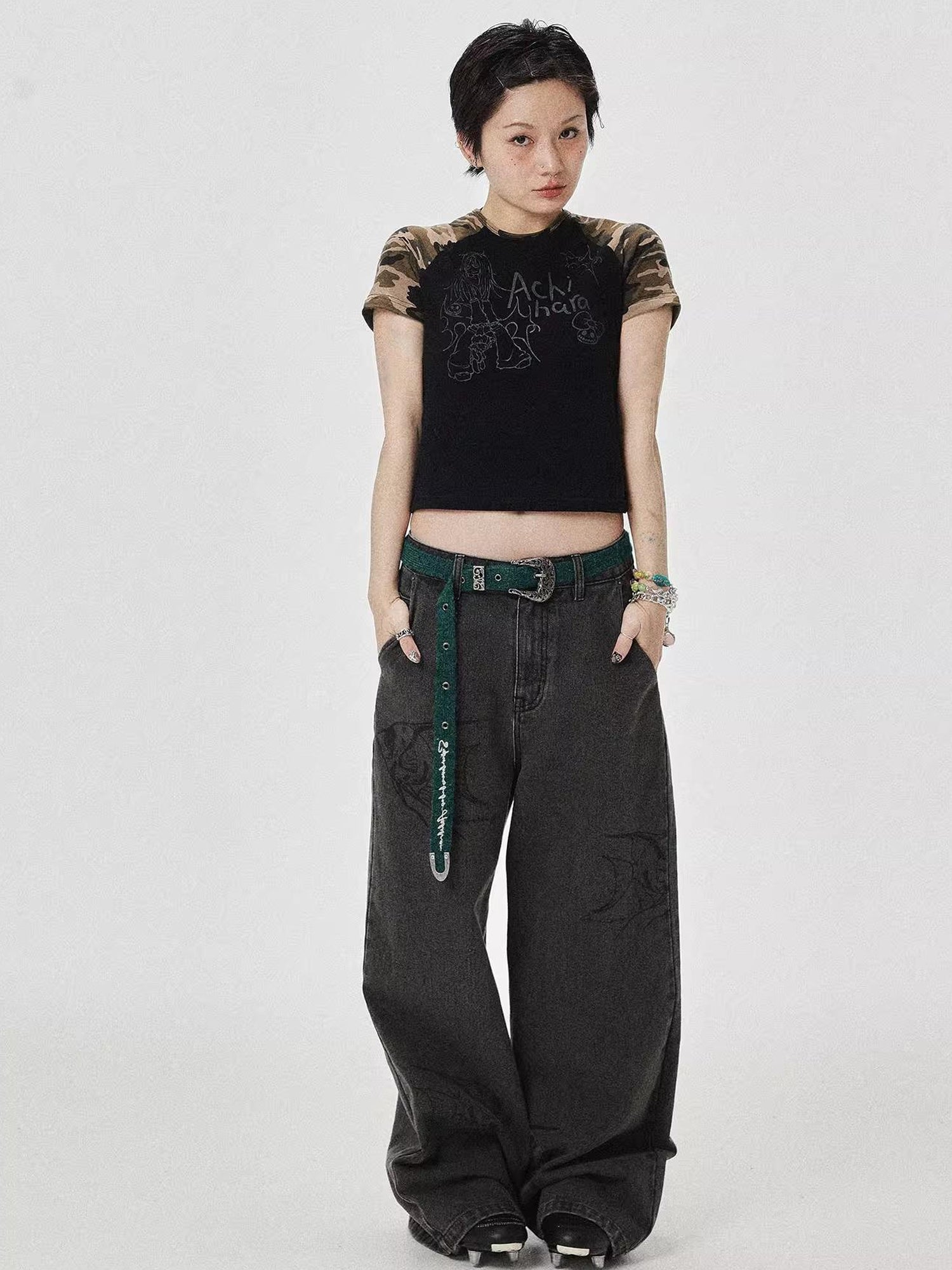 Achihara Vintage Grey Denim Trousers With Celestial Fish Print