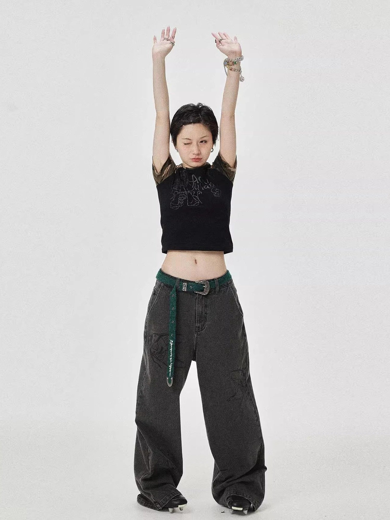 Vintage Grey Denim Trousers With Celestial Fish Print