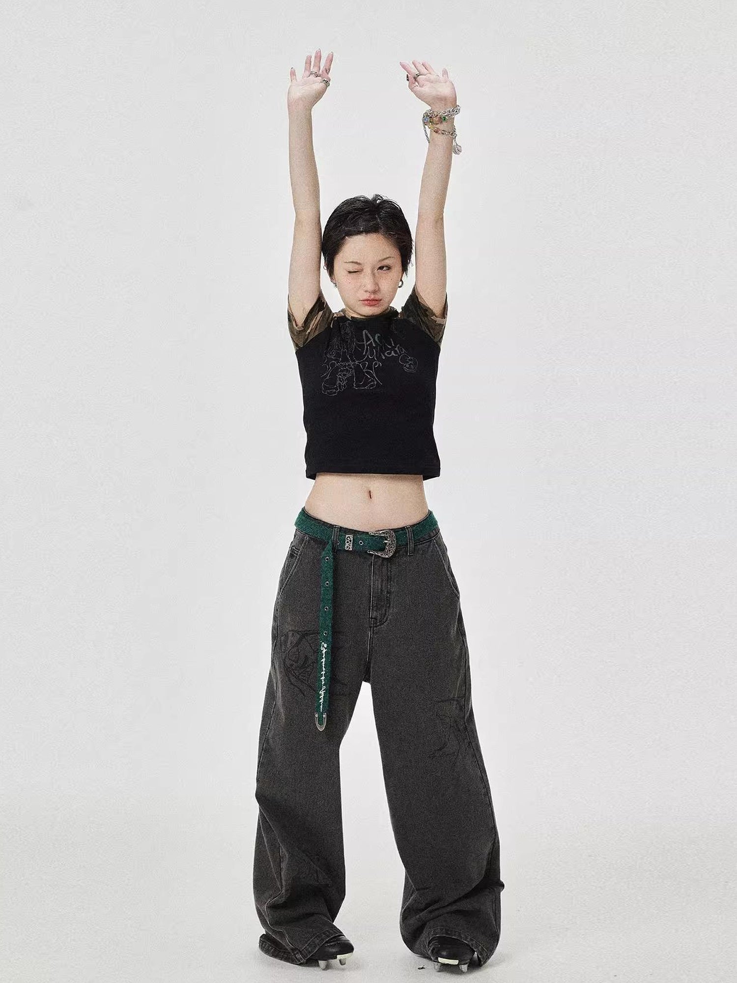 Achihara Vintage Grey Denim Trousers With Celestial Fish Print