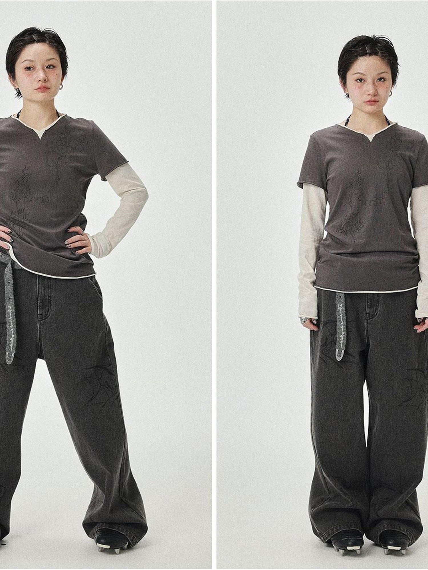 Achihara Vintage Grey Denim Trousers With Celestial Fish Print
