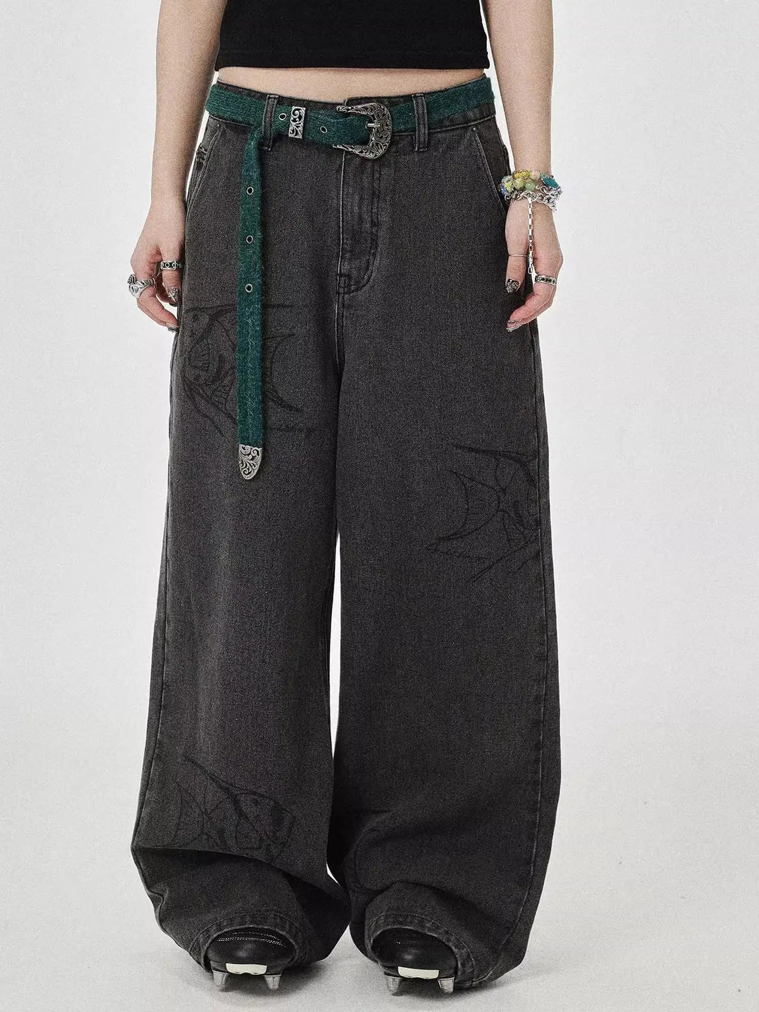 Vintage Grey Denim Trousers With Celestial Fish Print