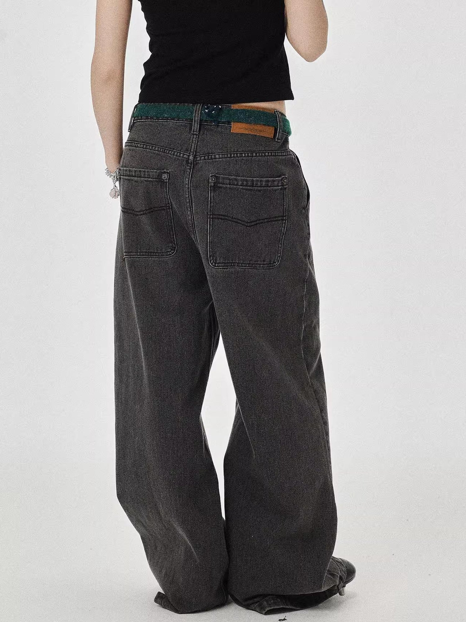 Achihara Vintage Grey Denim Trousers With Celestial Fish Print