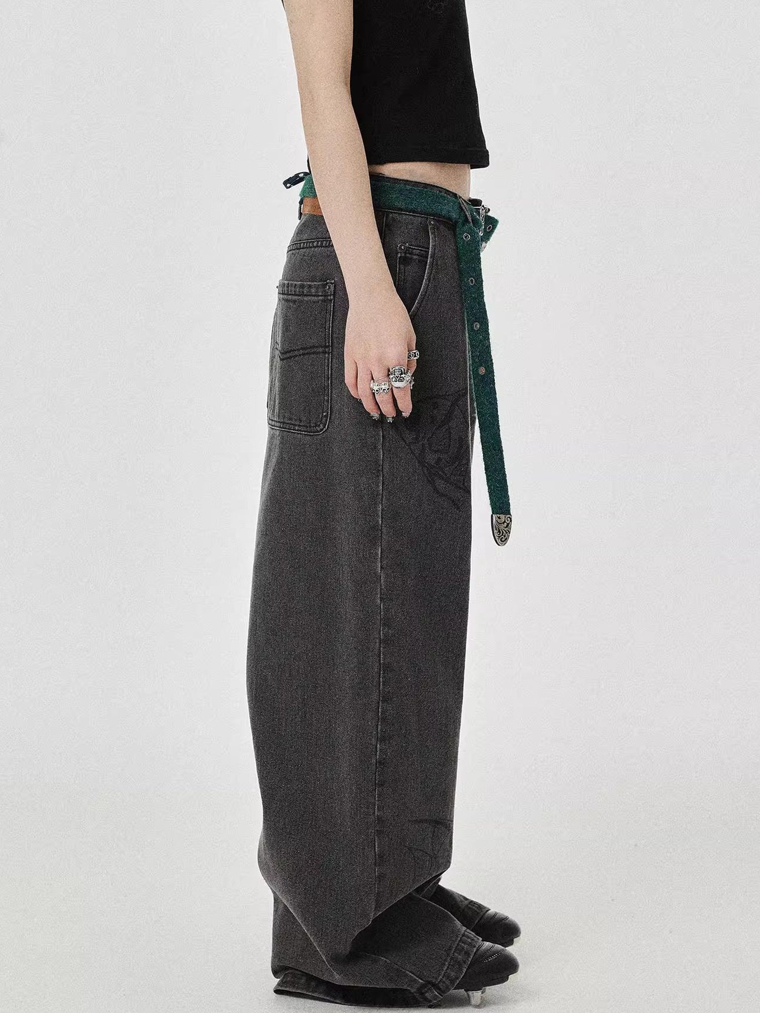 Achihara Vintage Grey Denim Trousers With Celestial Fish Print