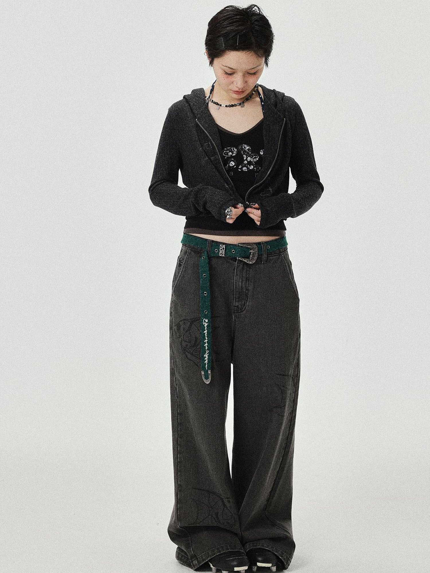 Achihara Vintage Grey Denim Trousers With Celestial Fish Print