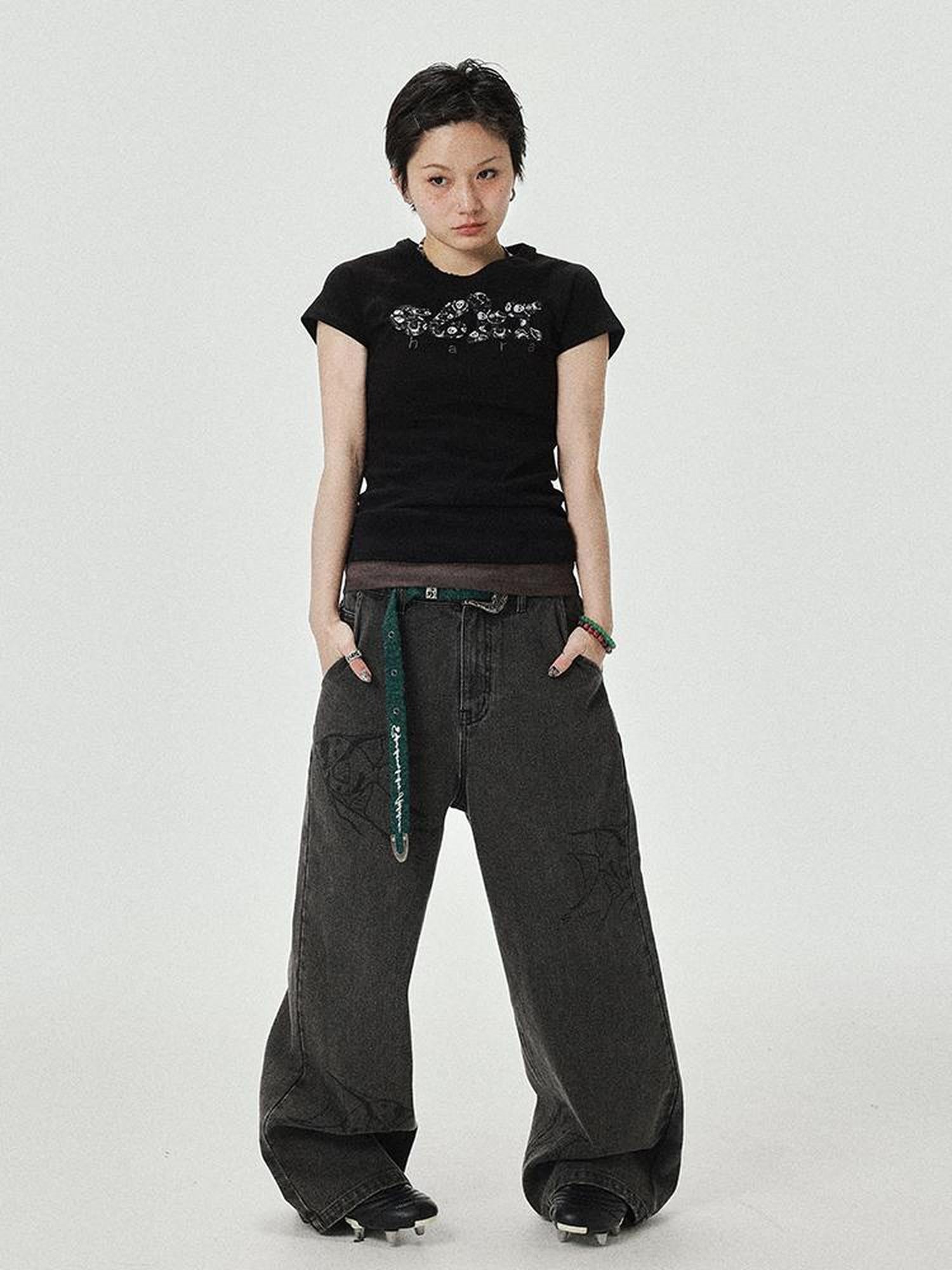 Achihara Vintage Grey Denim Trousers With Celestial Fish Print