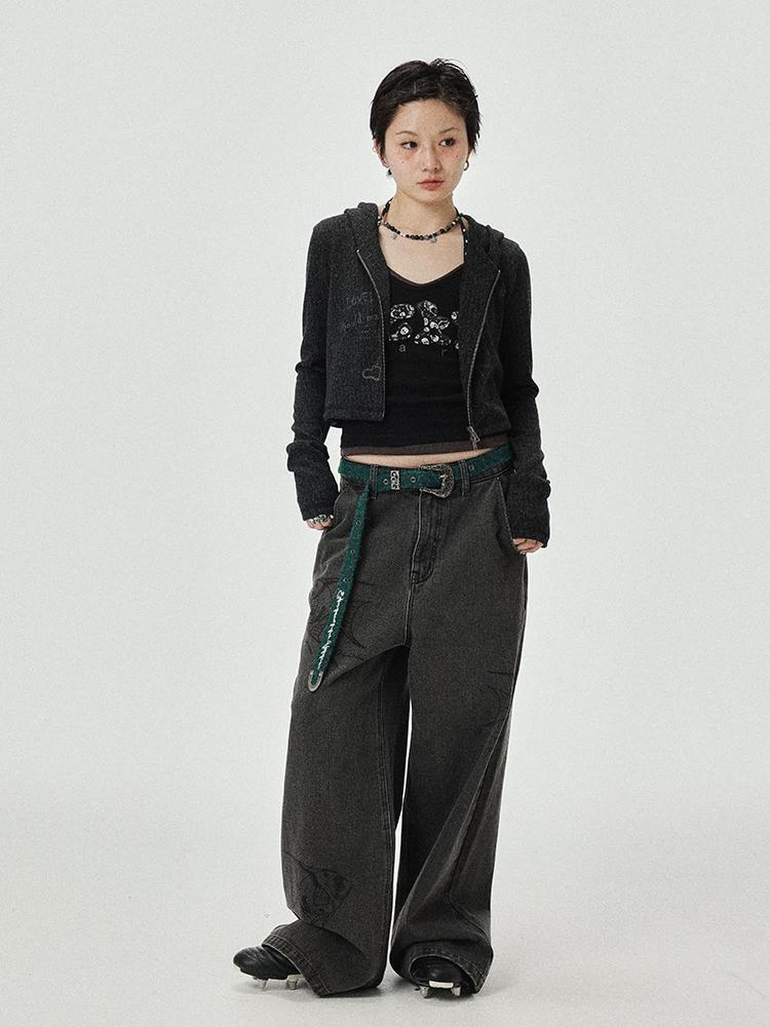 Achihara Vintage Grey Denim Trousers With Celestial Fish Print