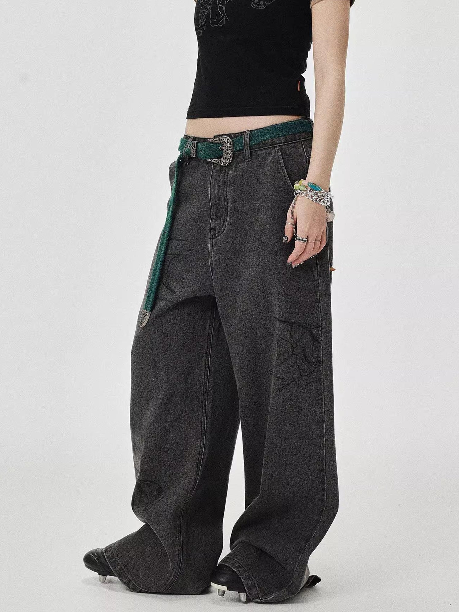 Achihara Vintage Grey Denim Trousers With Celestial Fish Print
