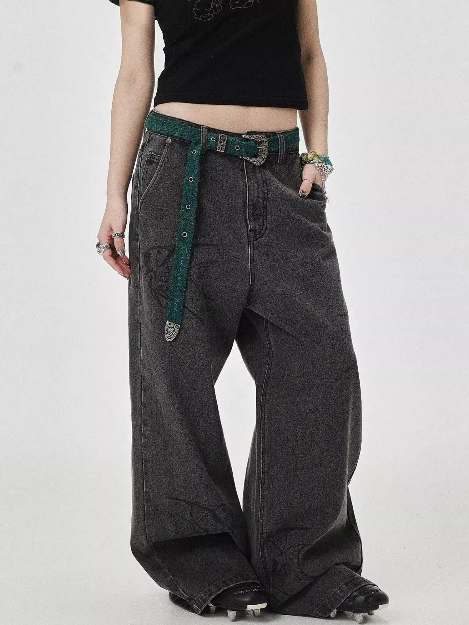Vintage Grey Denim Trousers With Celestial Fish Print