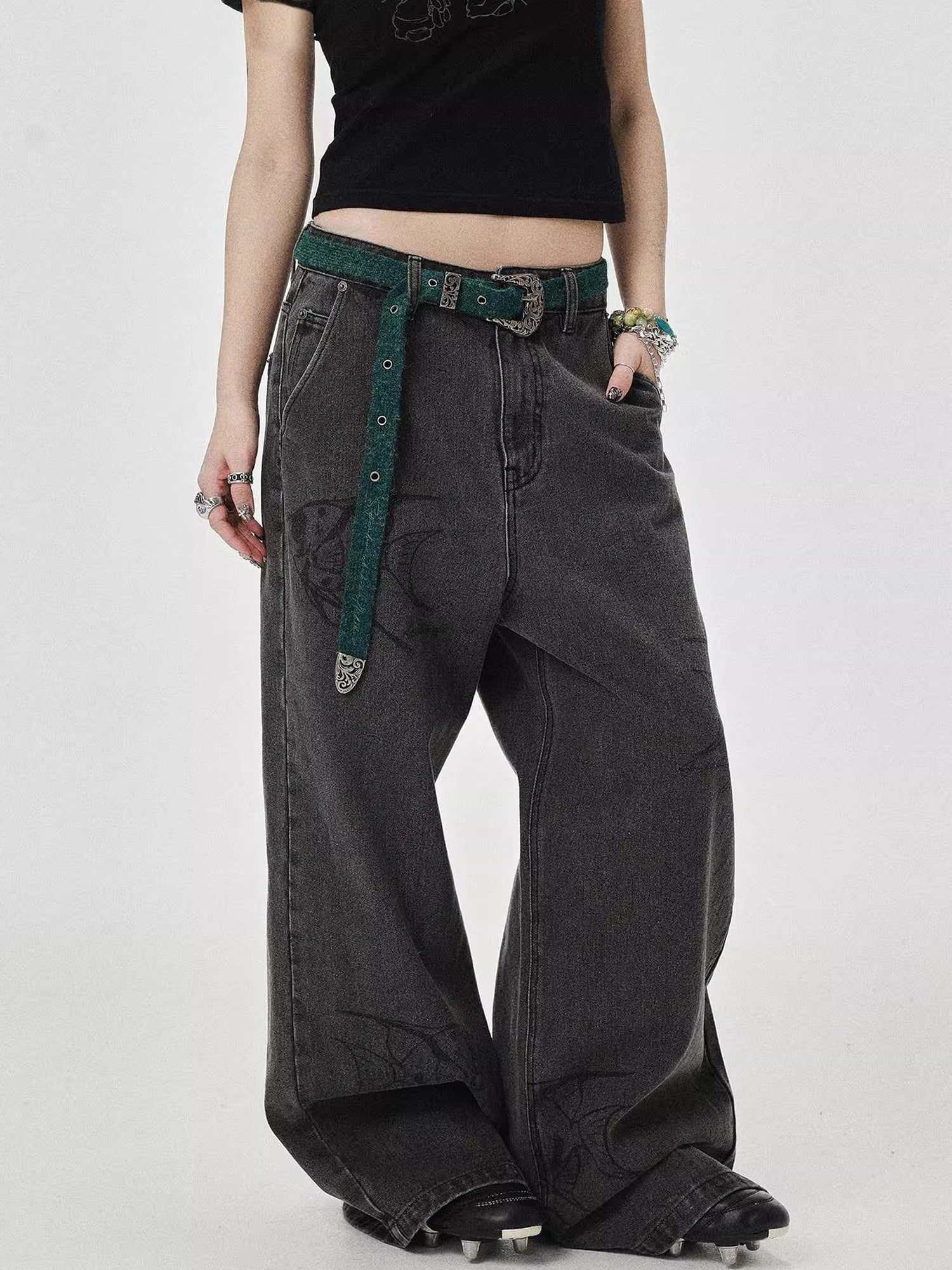 Achihara Vintage Grey Denim Trousers With Celestial Fish Print