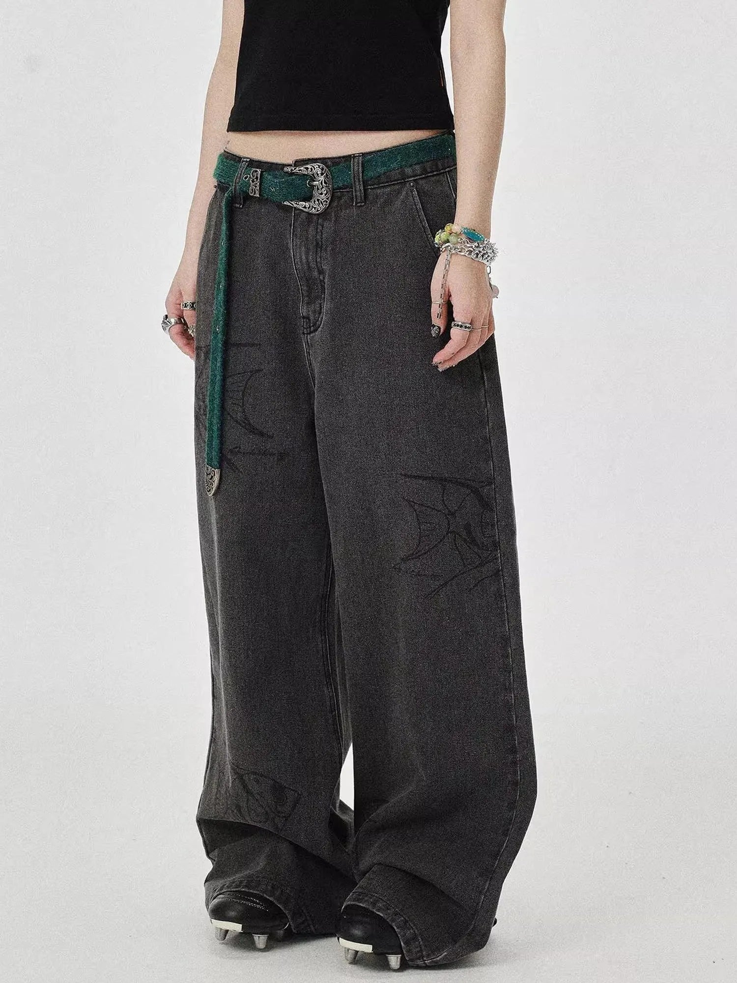 Vintage Grey Denim Trousers With Celestial Fish Print