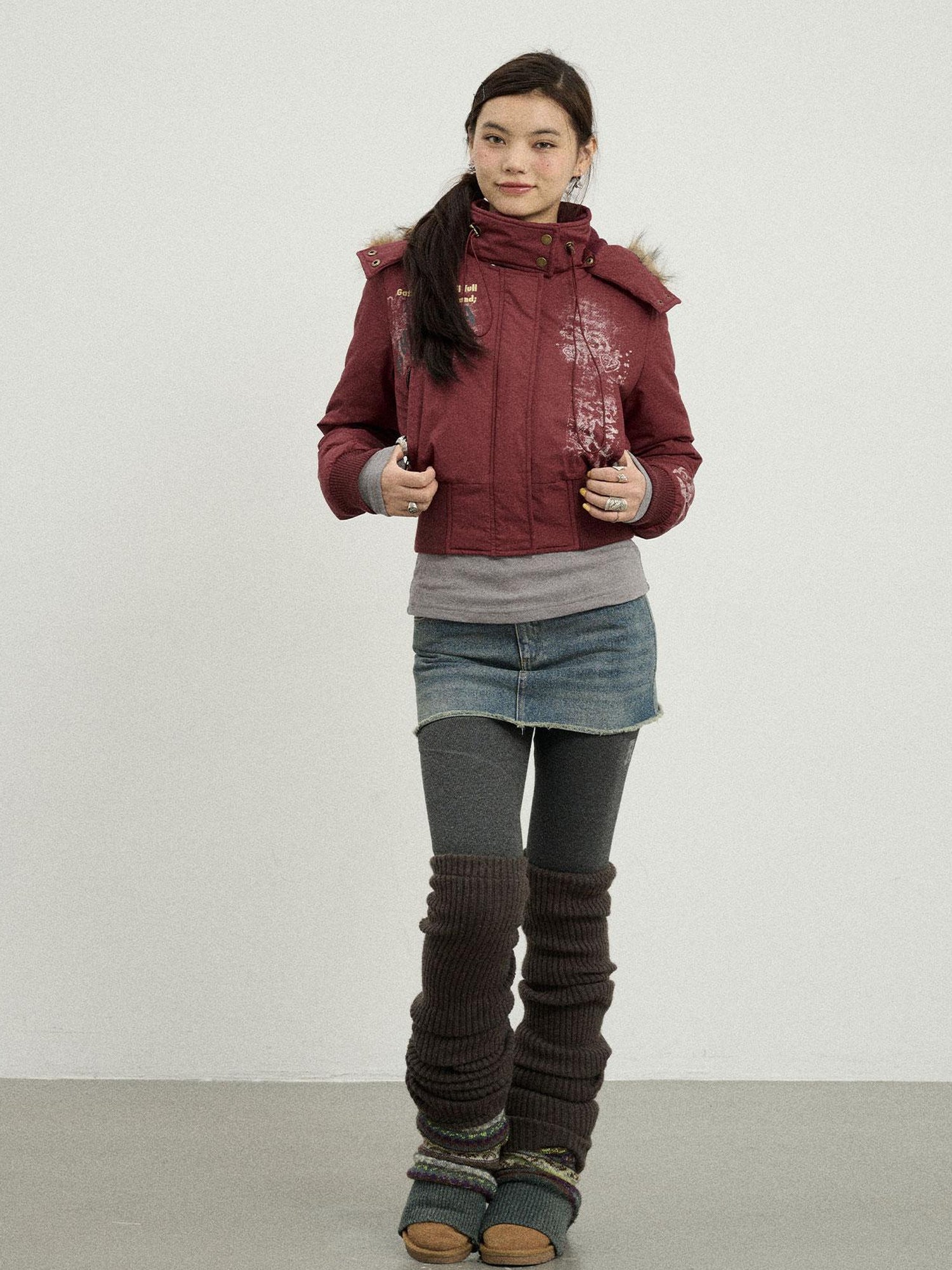 Achihara Vintage Han Stone Print Detachable Hood Puffer
