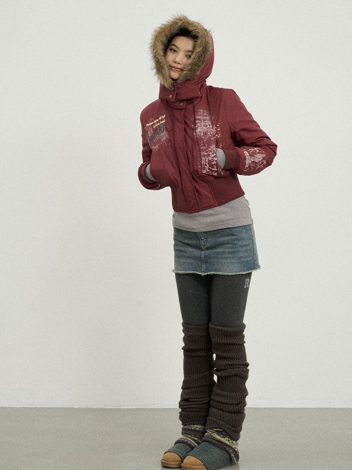 Achihara Vintage Han Stone Print Detachable Hood Puffer
