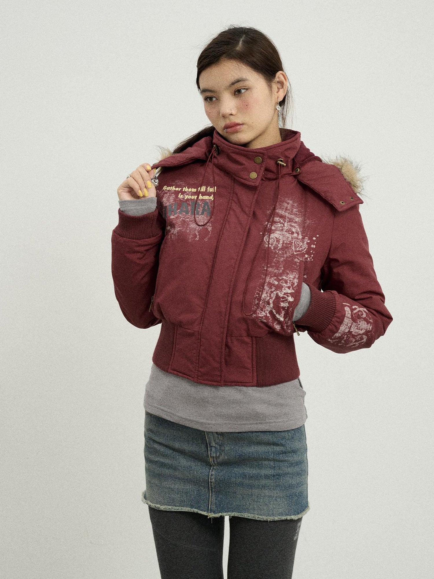 Achihara Vintage Han Stone Print Detachable Hood Puffer