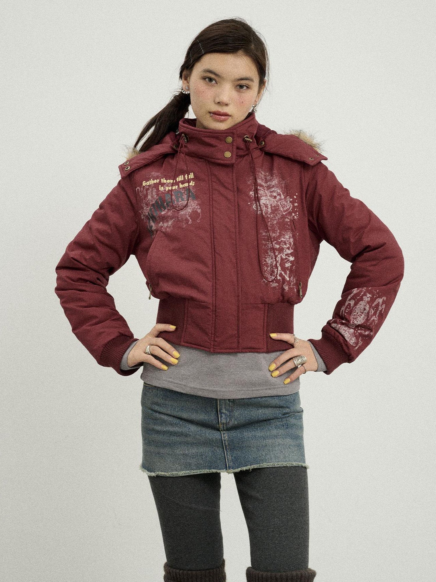 Achihara Vintage Han Stone Print Detachable Hood Puffer