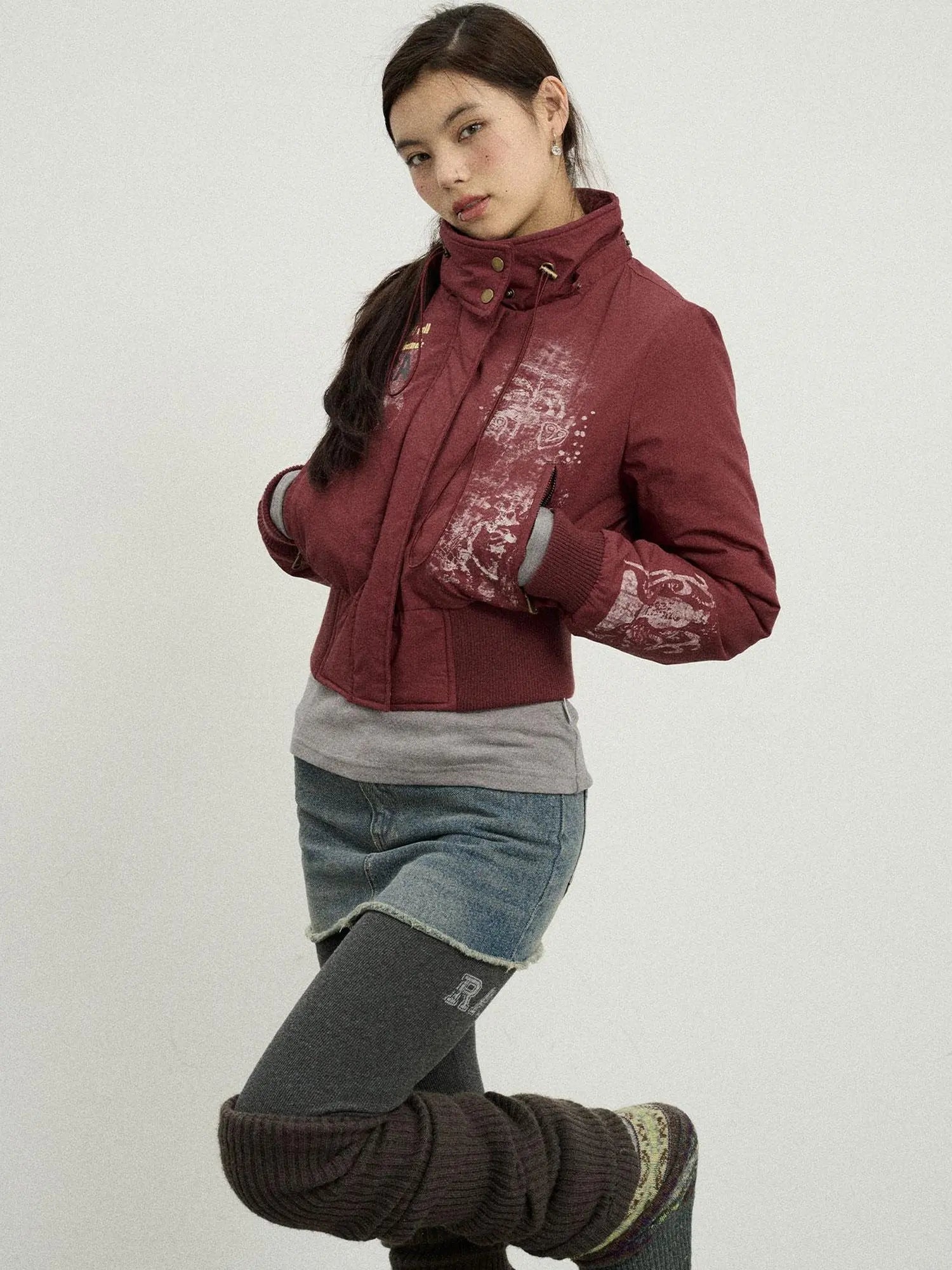 Vintage Han Stone Print Detachable Hood Puffer