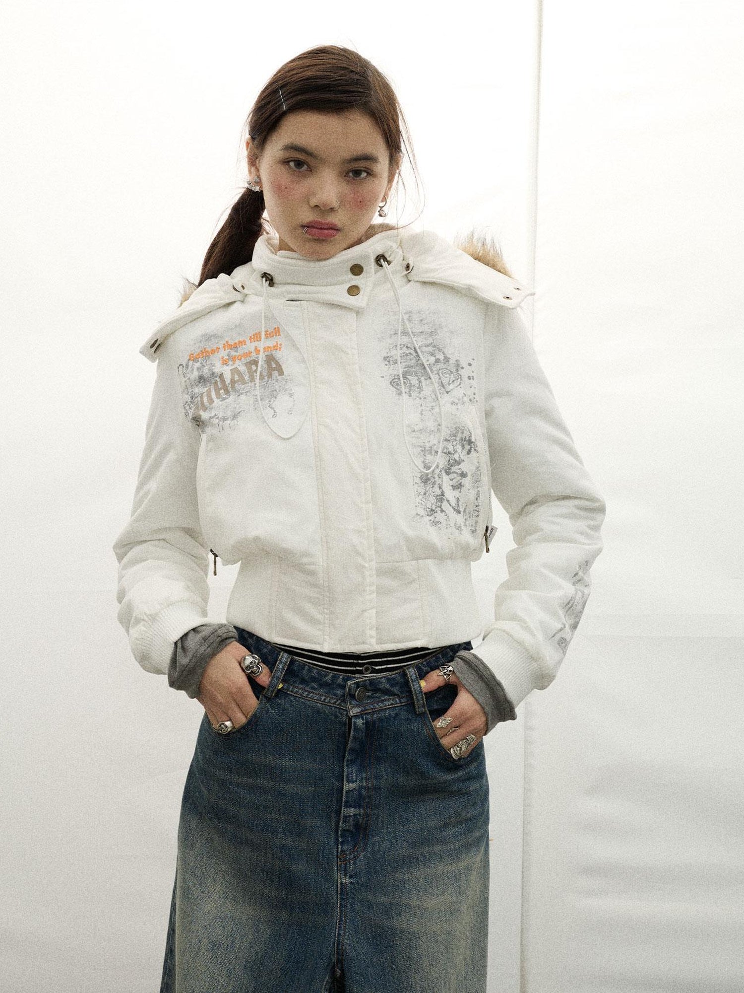 Achihara Vintage Han Stone Print Detachable Hood Puffer