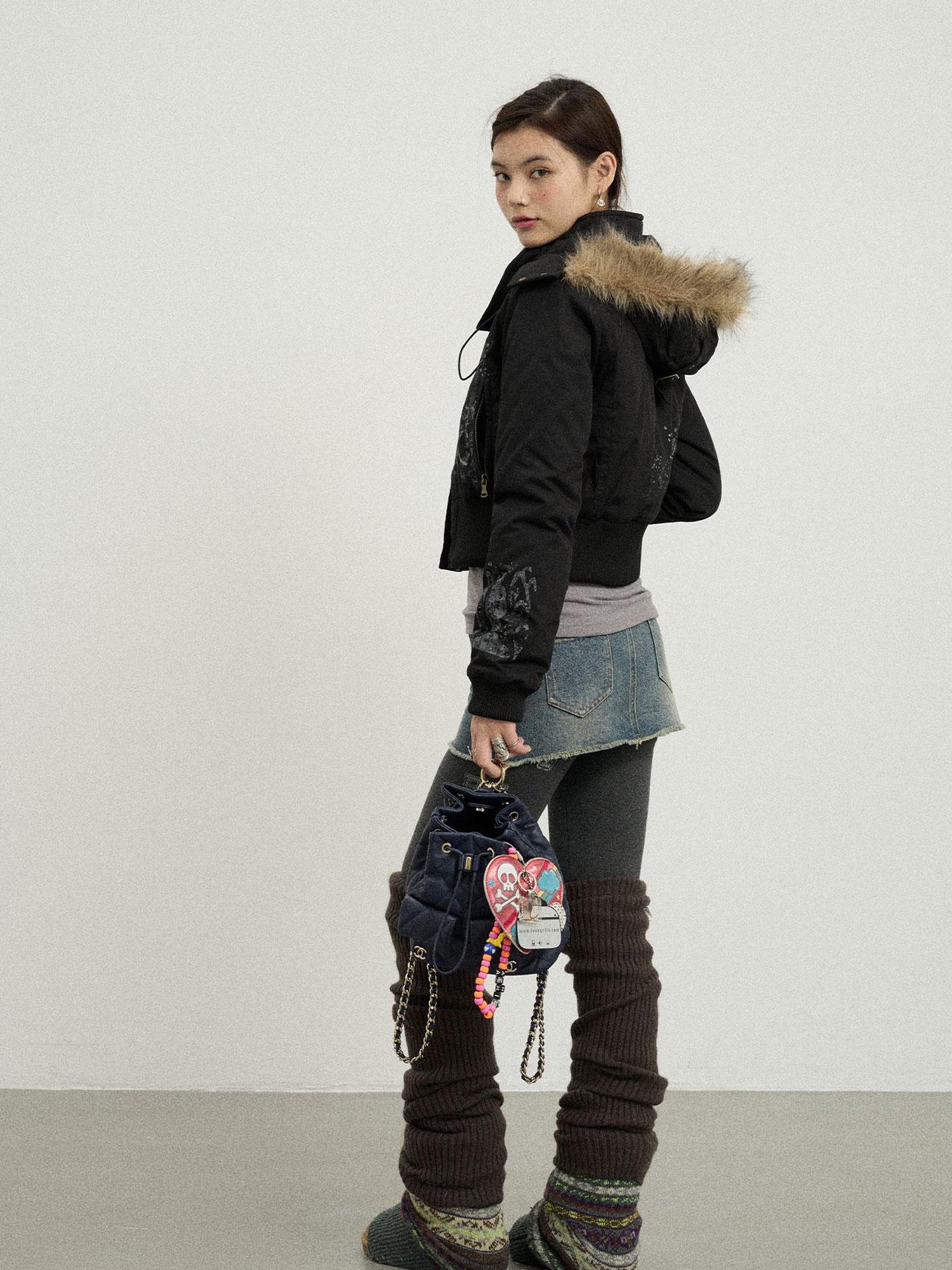 Achihara Vintage Han Stone Print Detachable Hood Puffer