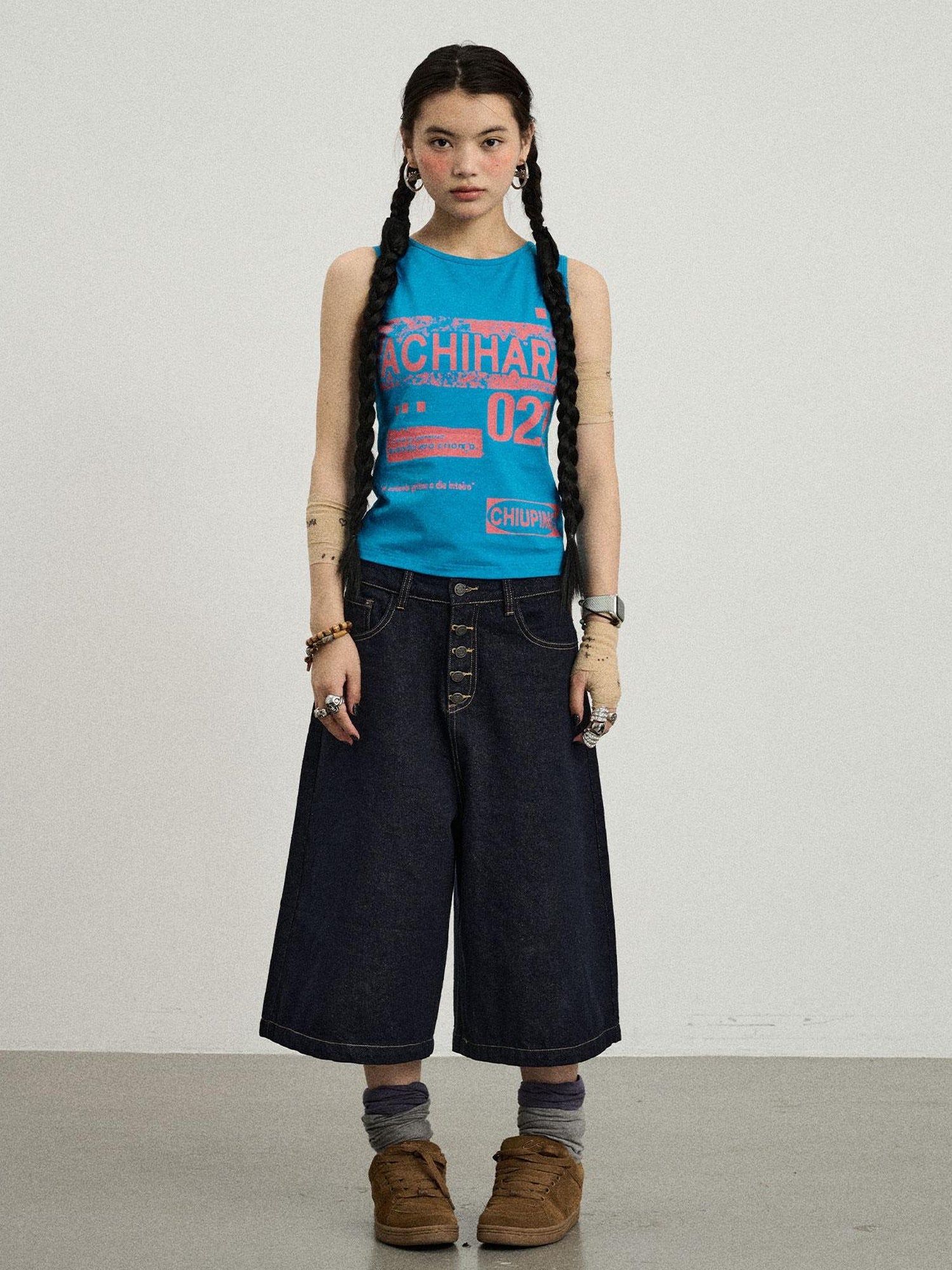 Achihara Vintage Pixel Print Summer Vest