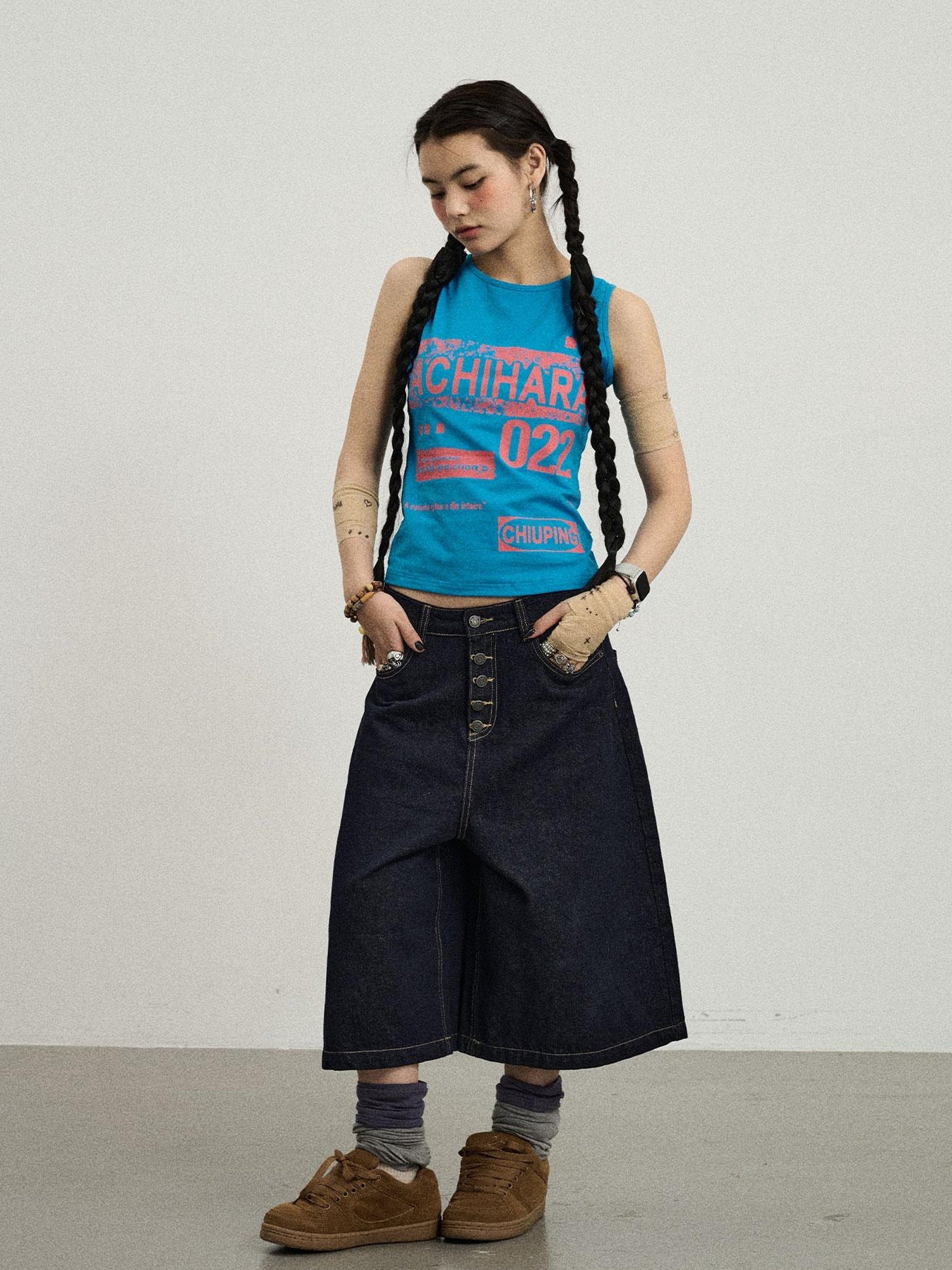 Achihara Vintage Pixel Print Summer Vest