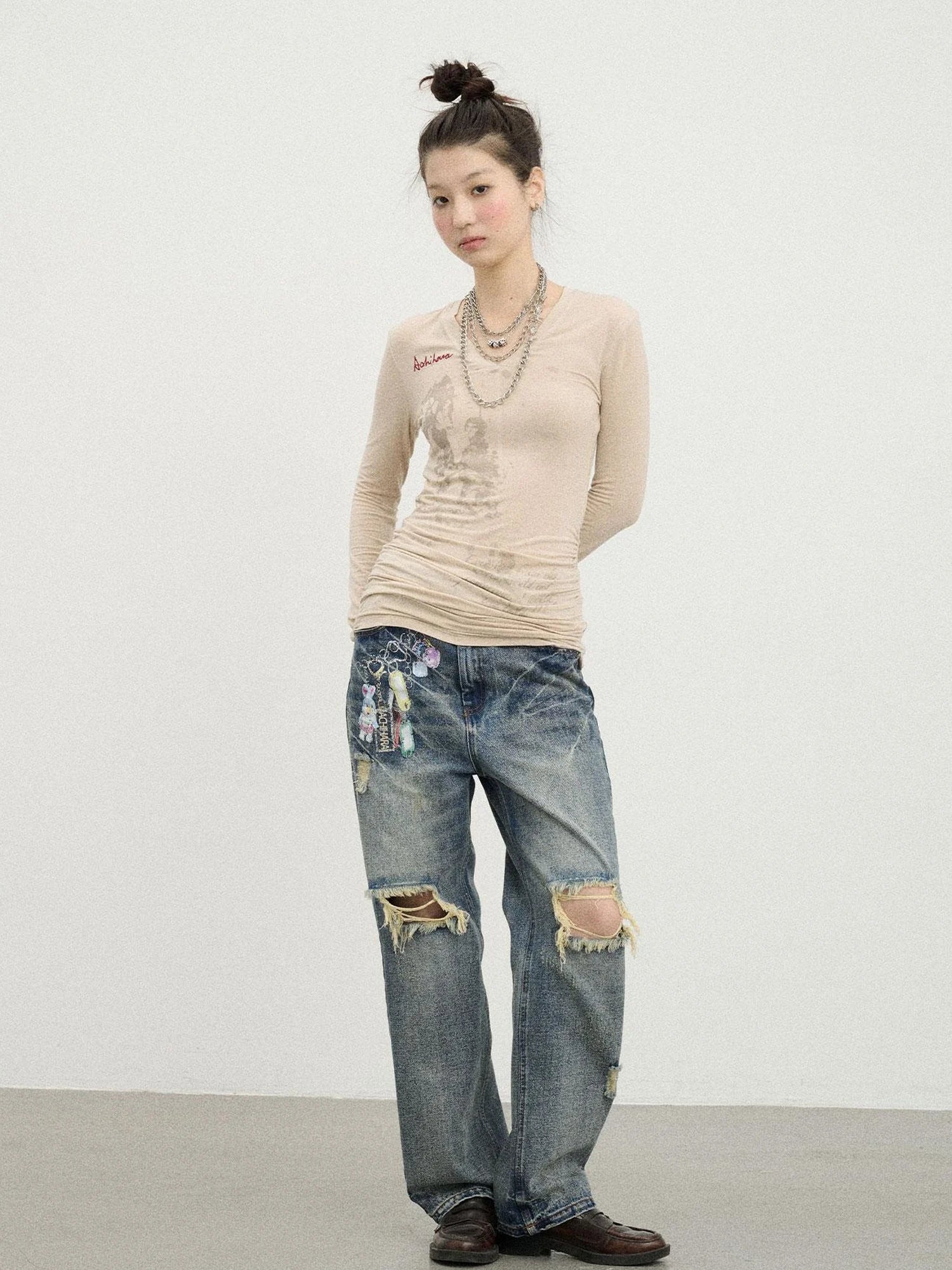 Vintage Rabbit Chain Denim Pants