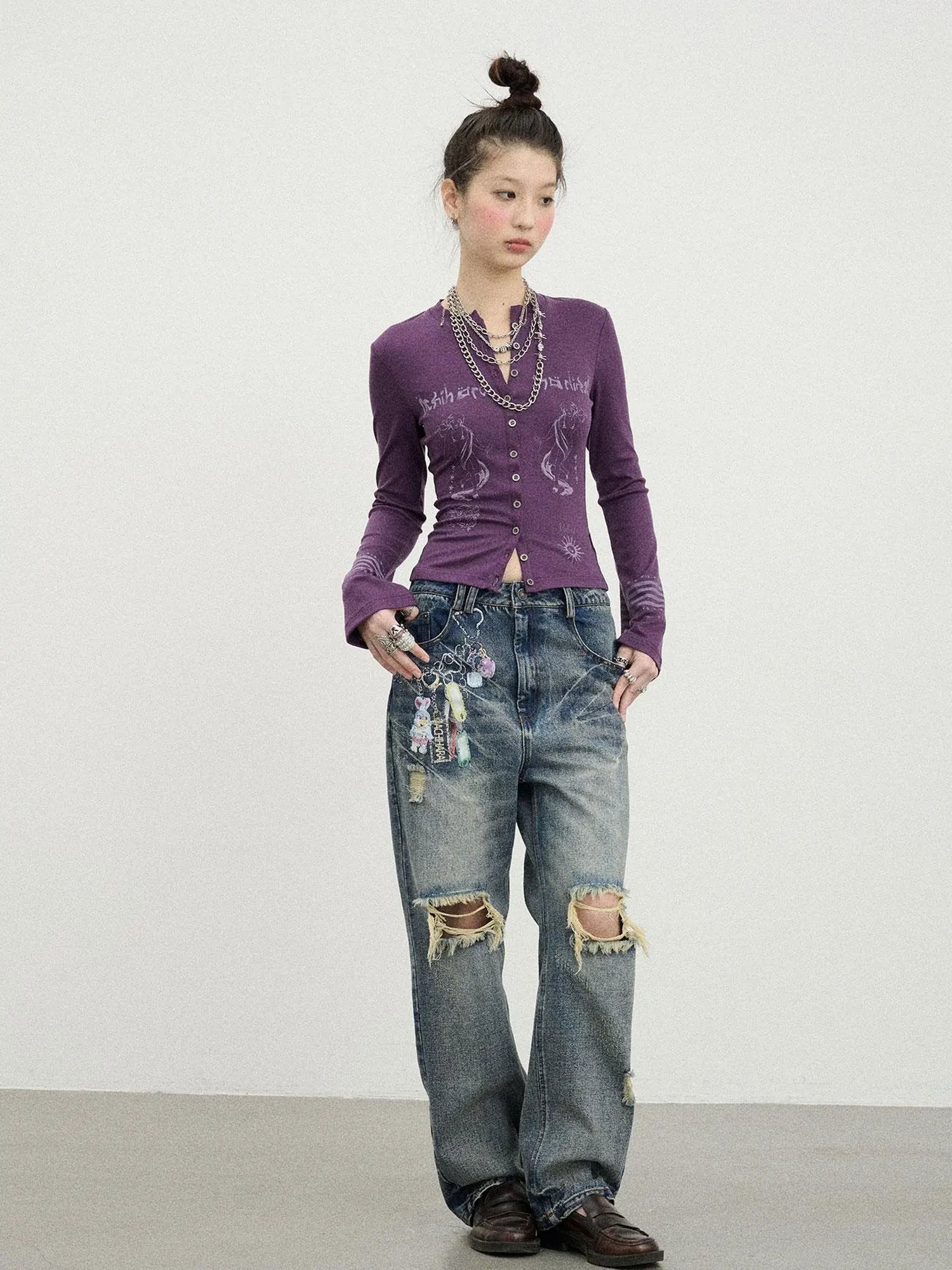 Vintage Rabbit Chain Denim Pants