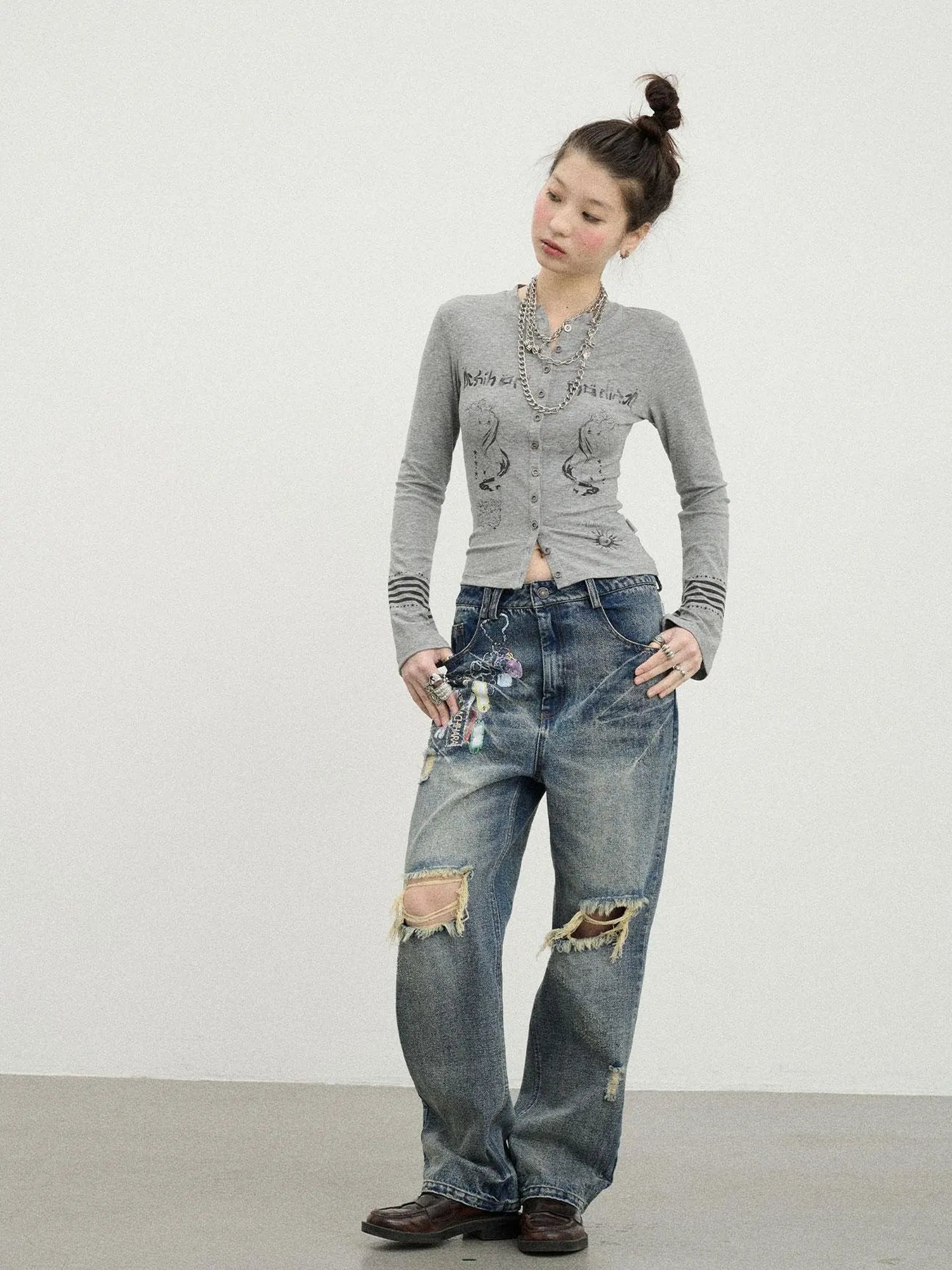 Vintage Rabbit Chain Denim Pants