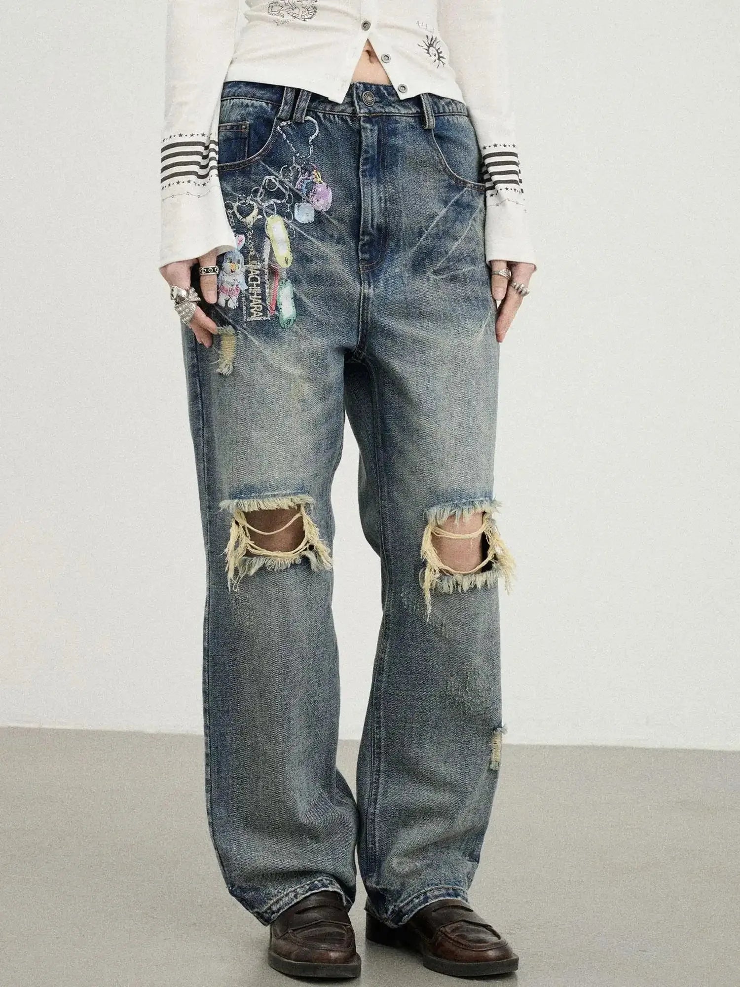 Vintage Rabbit Chain Denim Pants