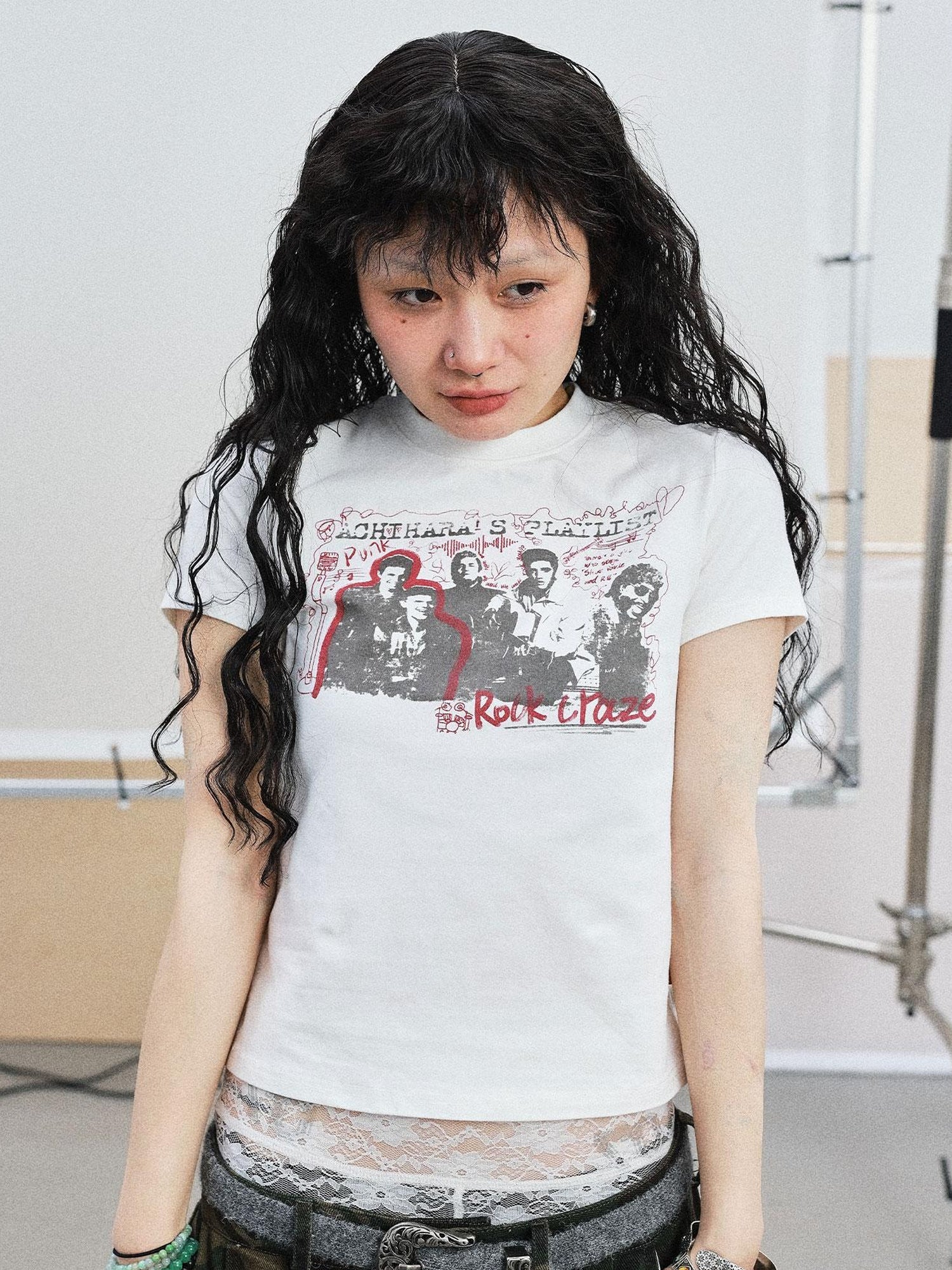 Achihara Vintage Rock Band Graphic Tee Distressed Washed Short Sleeve V Neck T Shirt