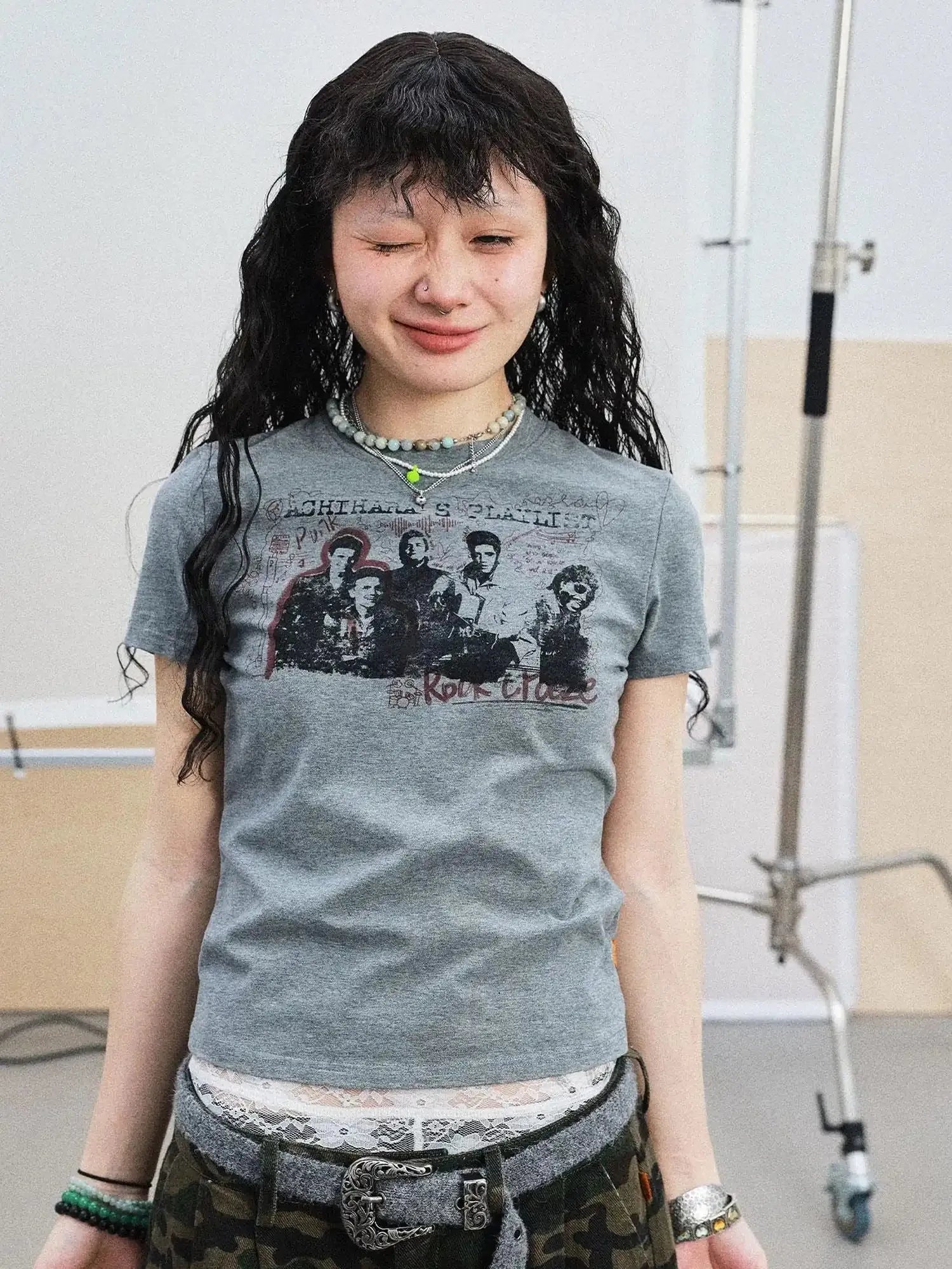 Vintage Rock Band Graphic Tee Distressed Washed Short Sleeve V Neck T Shirt