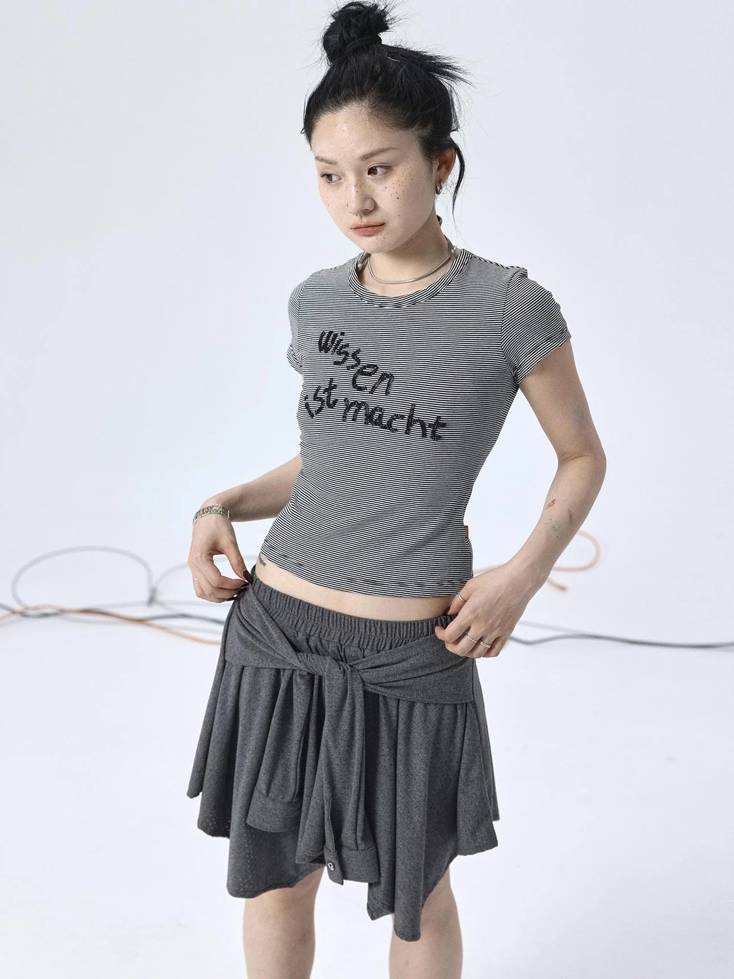Vintage Striped Cylindrical Bead Embroidered Tee