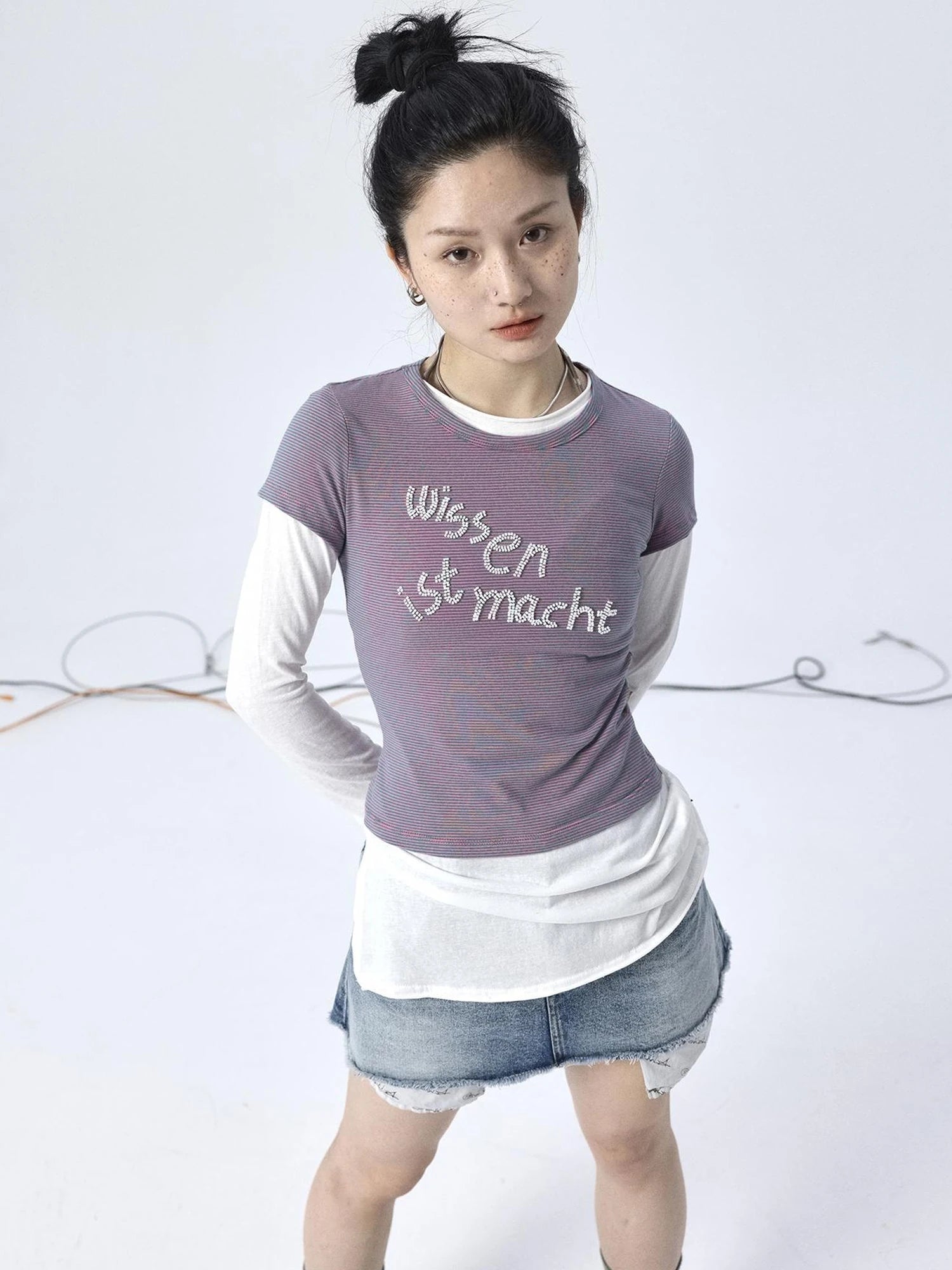 Vintage Striped Cylindrical Bead Embroidered Tee