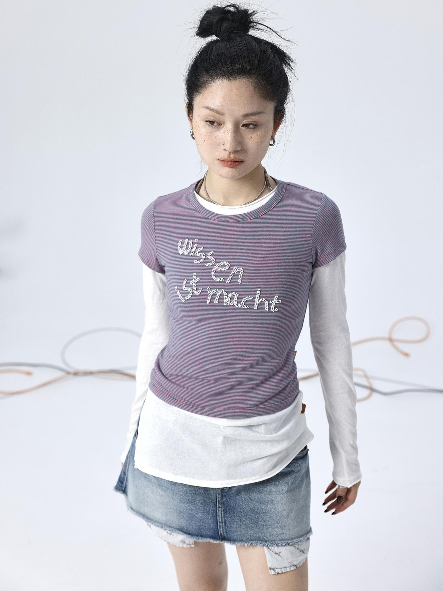 Achihara Vintage Striped Cylindrical Bead Embroidered Tee