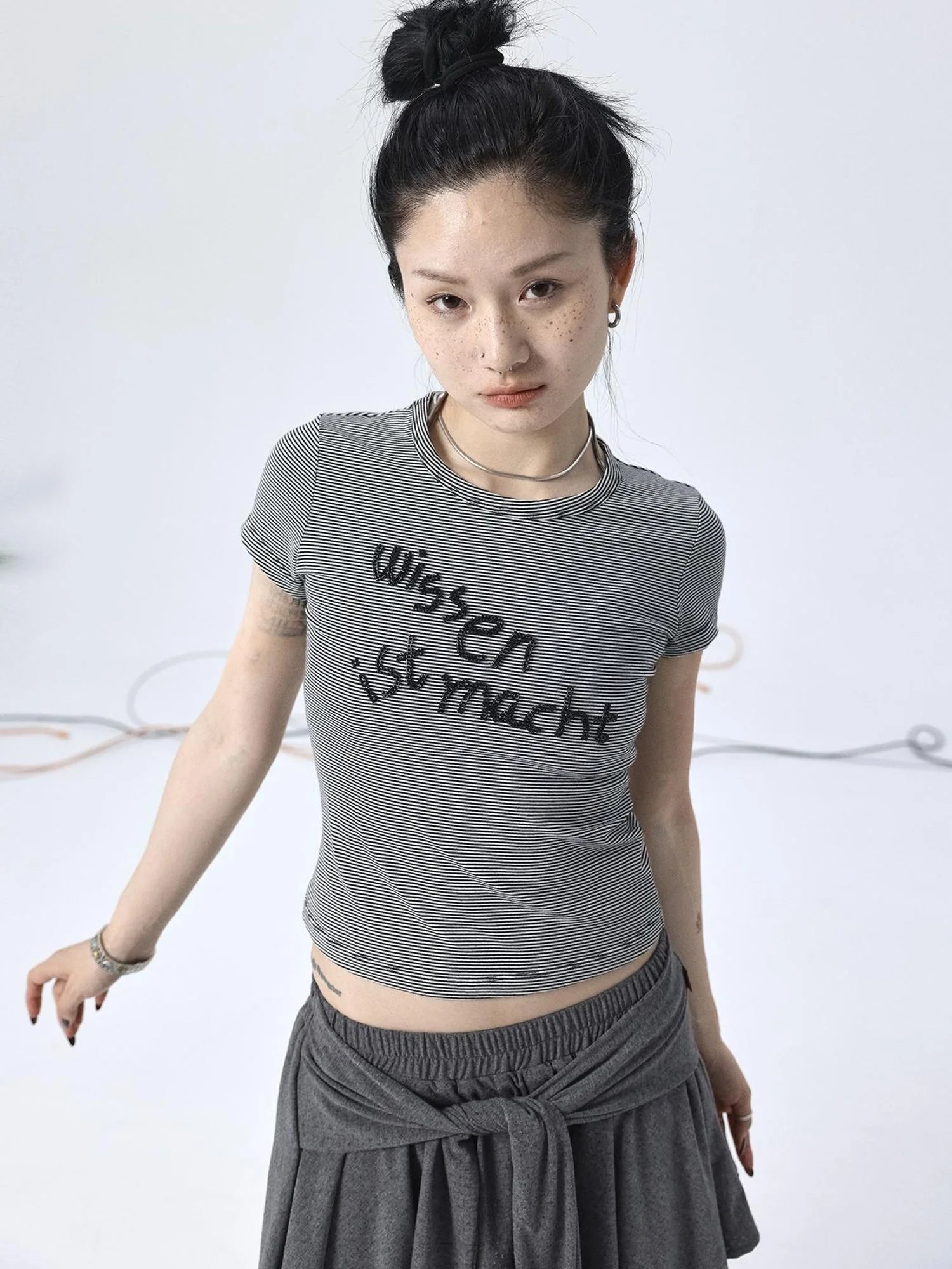 Vintage Striped Cylindrical Bead Embroidered Tee