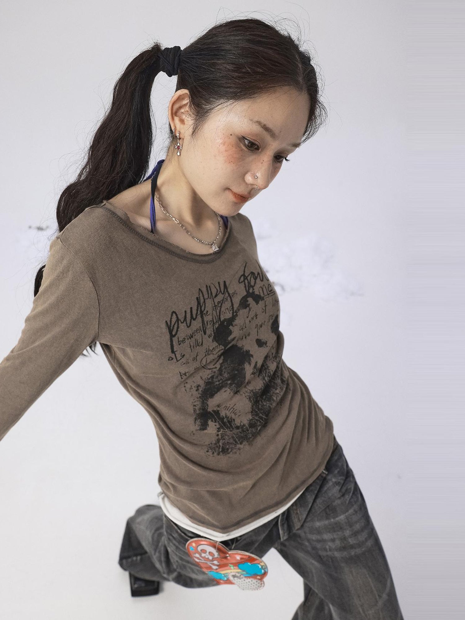 Achihara Vintage Sunscreen Pure Color Long Sleeve T Shirt