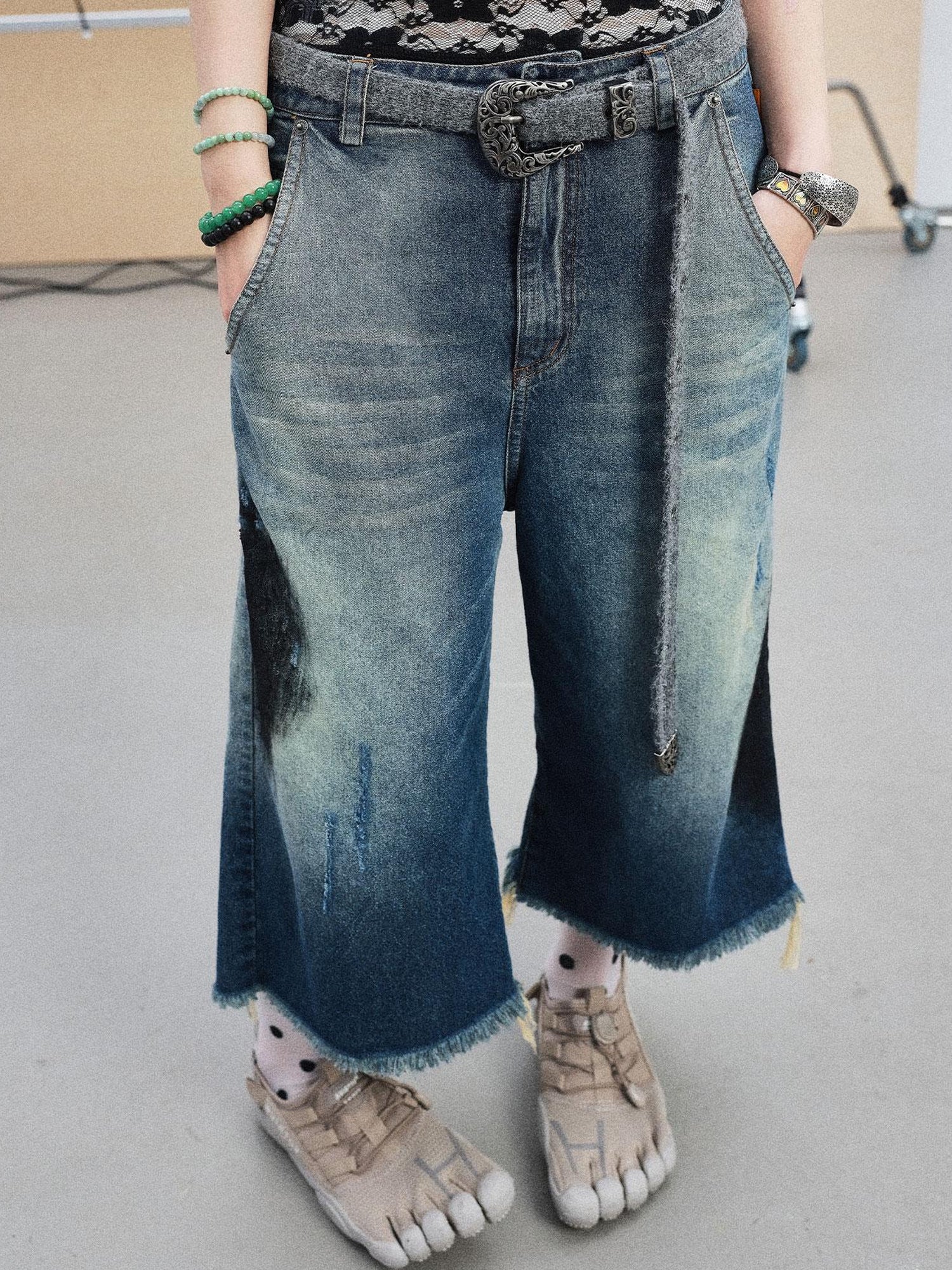 Achihara Vintage Washed Blue Denim Culottes With Fringe & Distressed Details