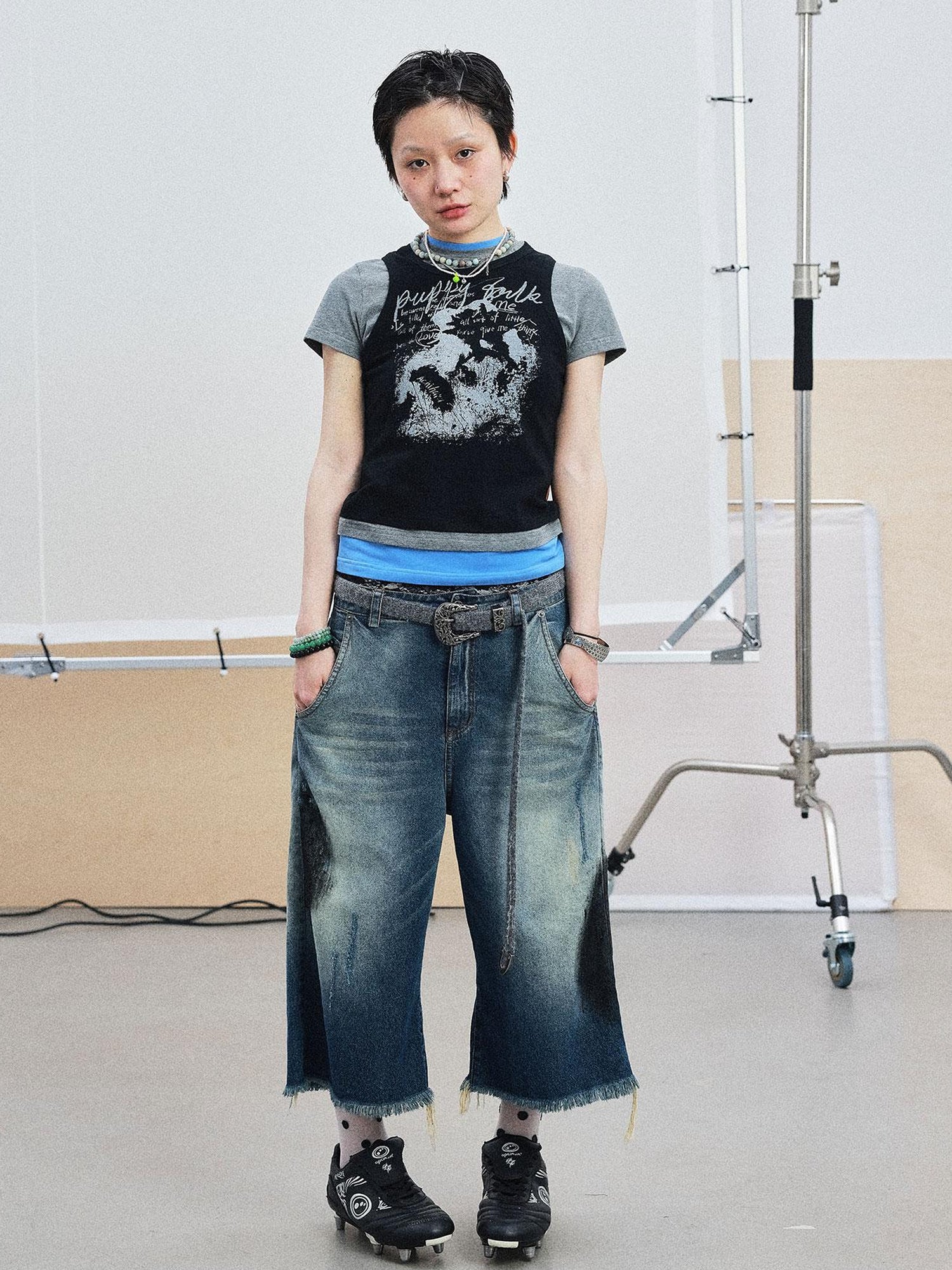 Achihara Vintage Washed Blue Denim Culottes With Fringe & Distressed Details