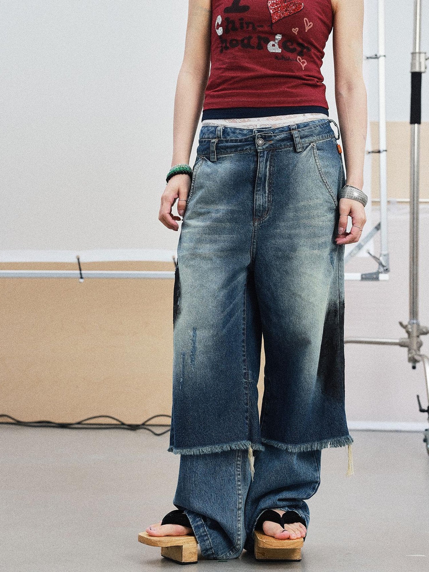 Achihara Vintage Washed Blue Denim Culottes With Fringe & Distressed Details