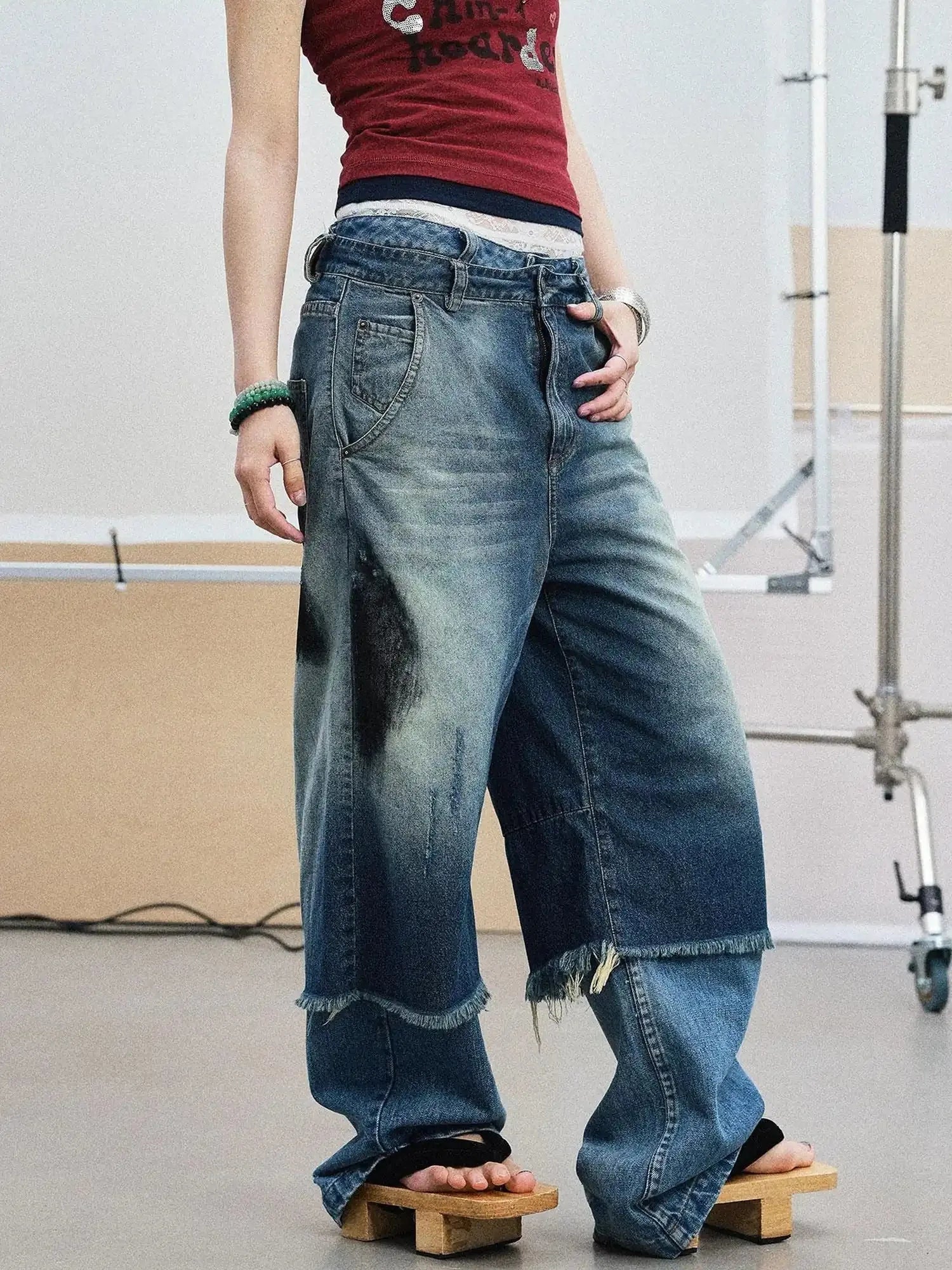 Vintage Washed Blue Denim Culottes With Fringe & Distressed Details