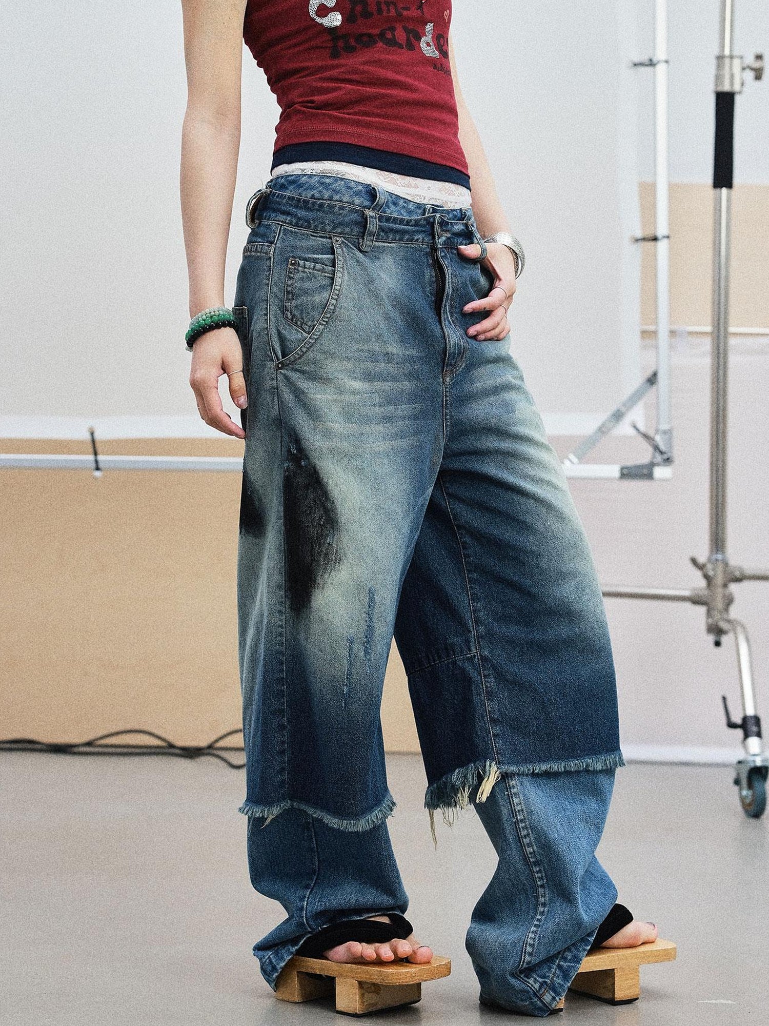 Achihara Vintage Washed Blue Denim Culottes With Fringe & Distressed Details